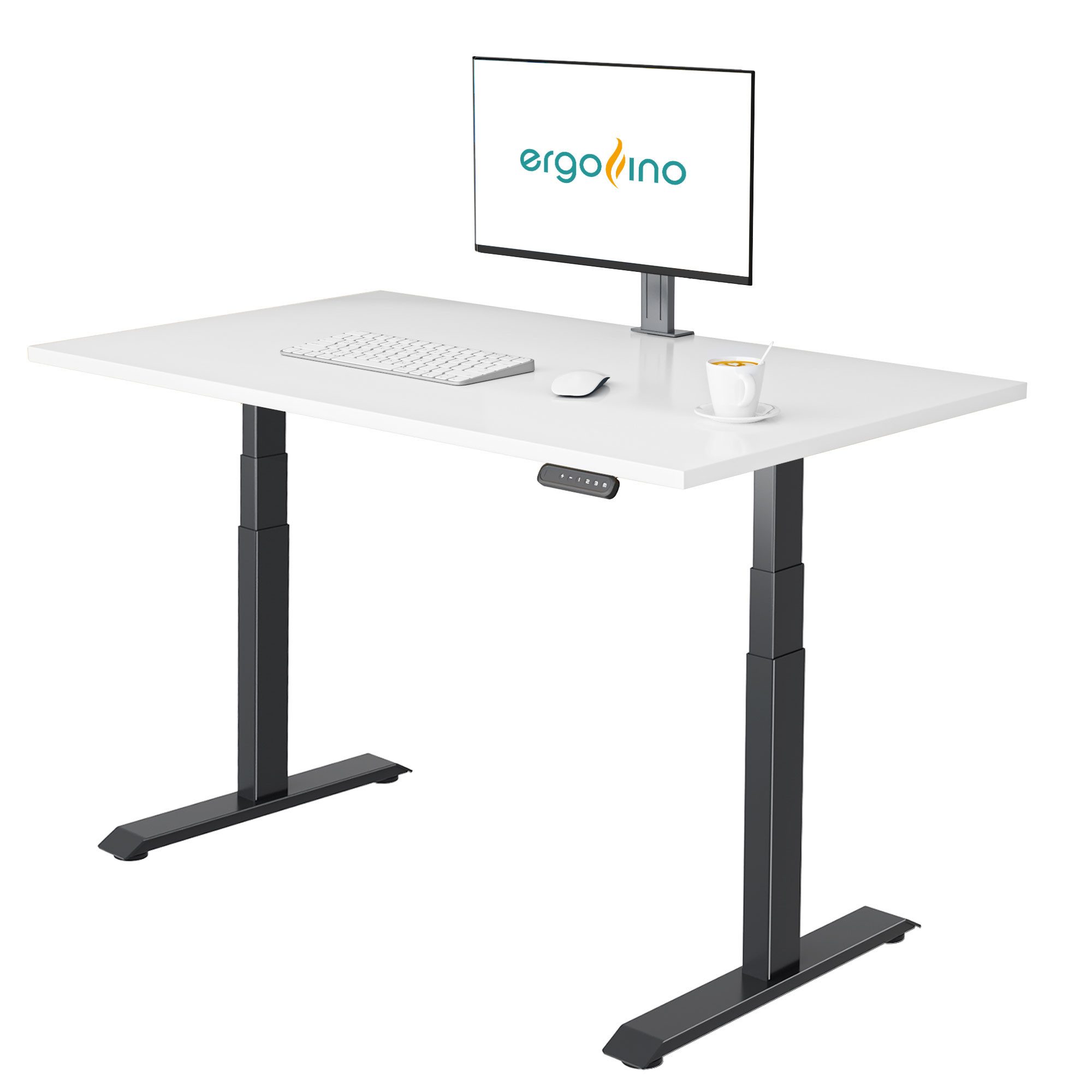 ERGOFINO Schreibtisch Elektrisch höhenverstellbarer Schreibtisch DT30 (höhenverstellbarer Schreibtisch 140x80 cm, elektrisch schreibtisch mit GS-Zertifiziert, 2 Motoren, 3-Fach Teleskop, 3 Memoryfunktion), Gestell schwarz inkl. Weiß Tischplatte