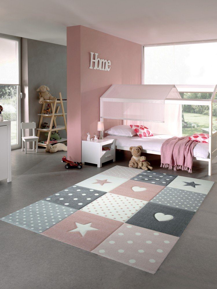 Carpetia Kinderteppich Kinderteppich Spielteppich Mädchen mit Herz Stern rosa creme grau, rund