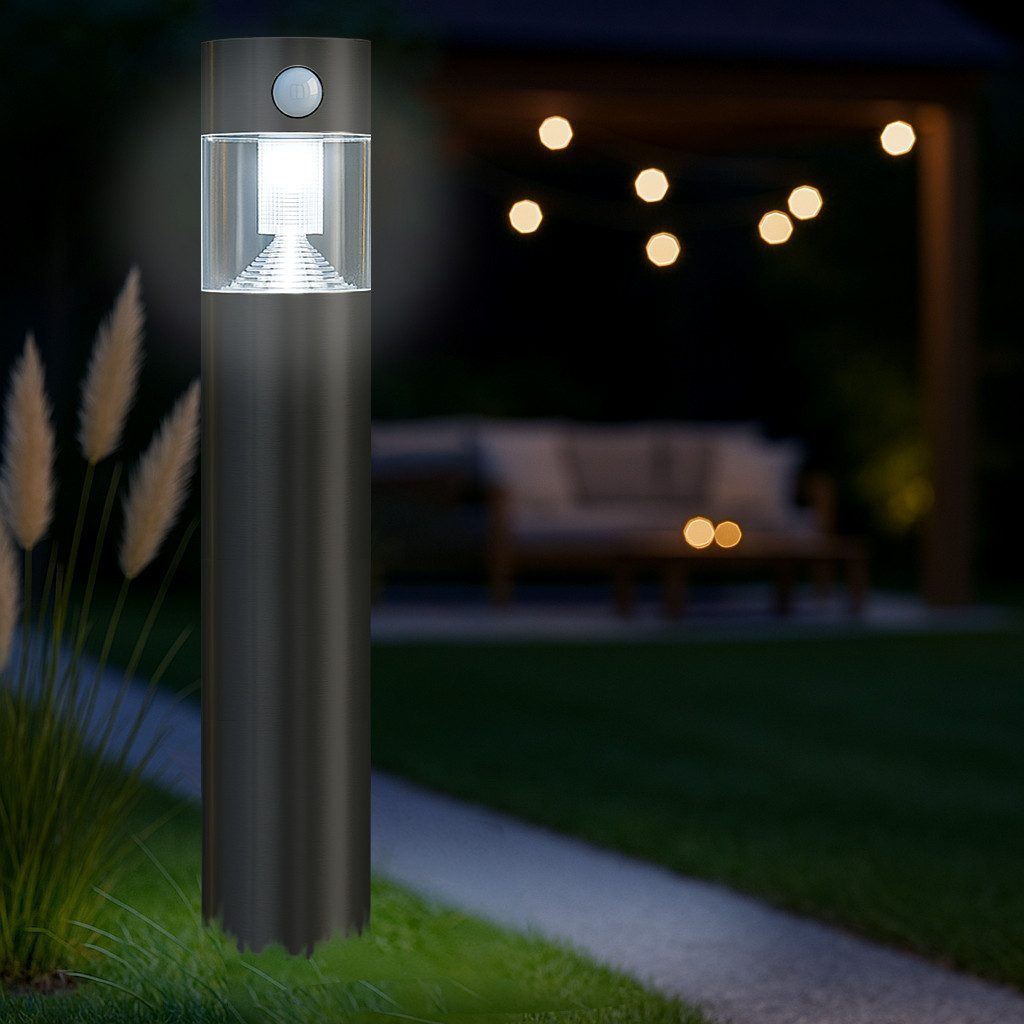 MeLiTec LED Solarleuchte Solar-Gartenleuchte, SO31, Tageslichtweiß, Edelstahl, mit Bewegungsmelder, bis zu 6 Stunden Leuchtdauer