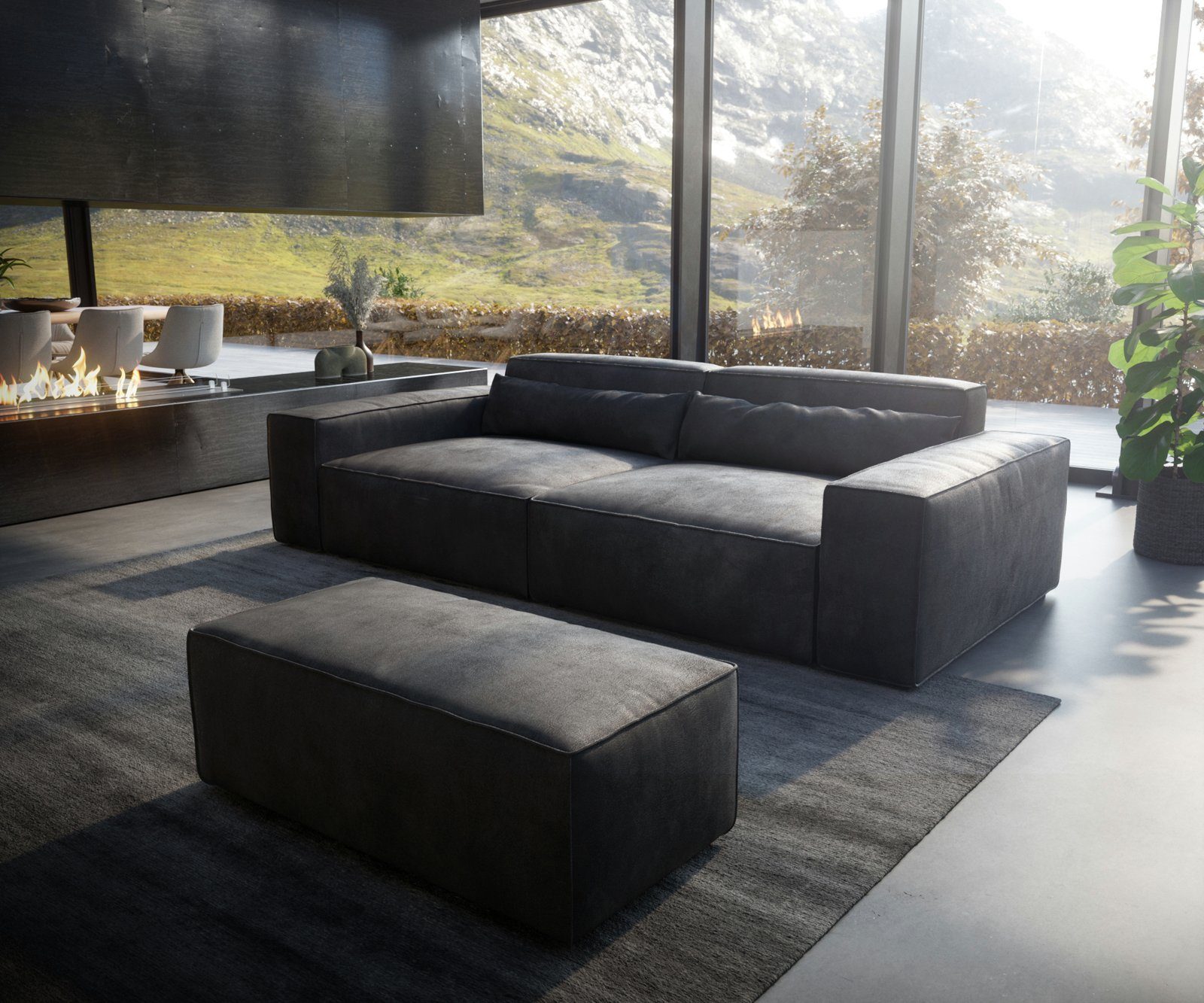 DELIFE Big-Sofa Sirpio, XL Lederimitat Vintage Anthrazit 270x130 cm mit Hocker