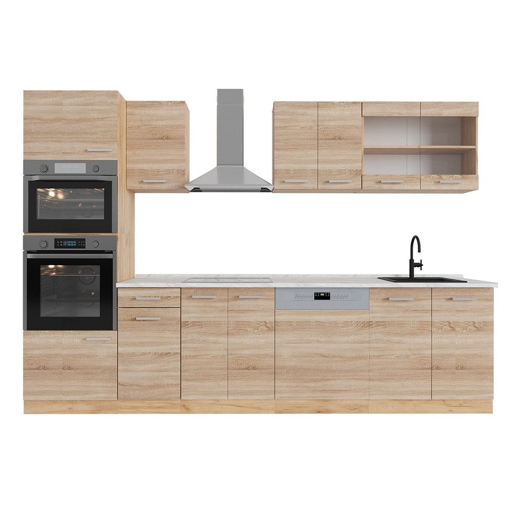 Vicco Küchenzeile R-Line, Sonoma/Goldkraft Eiche, 300 cm mit Hochschrank, AP Marmor