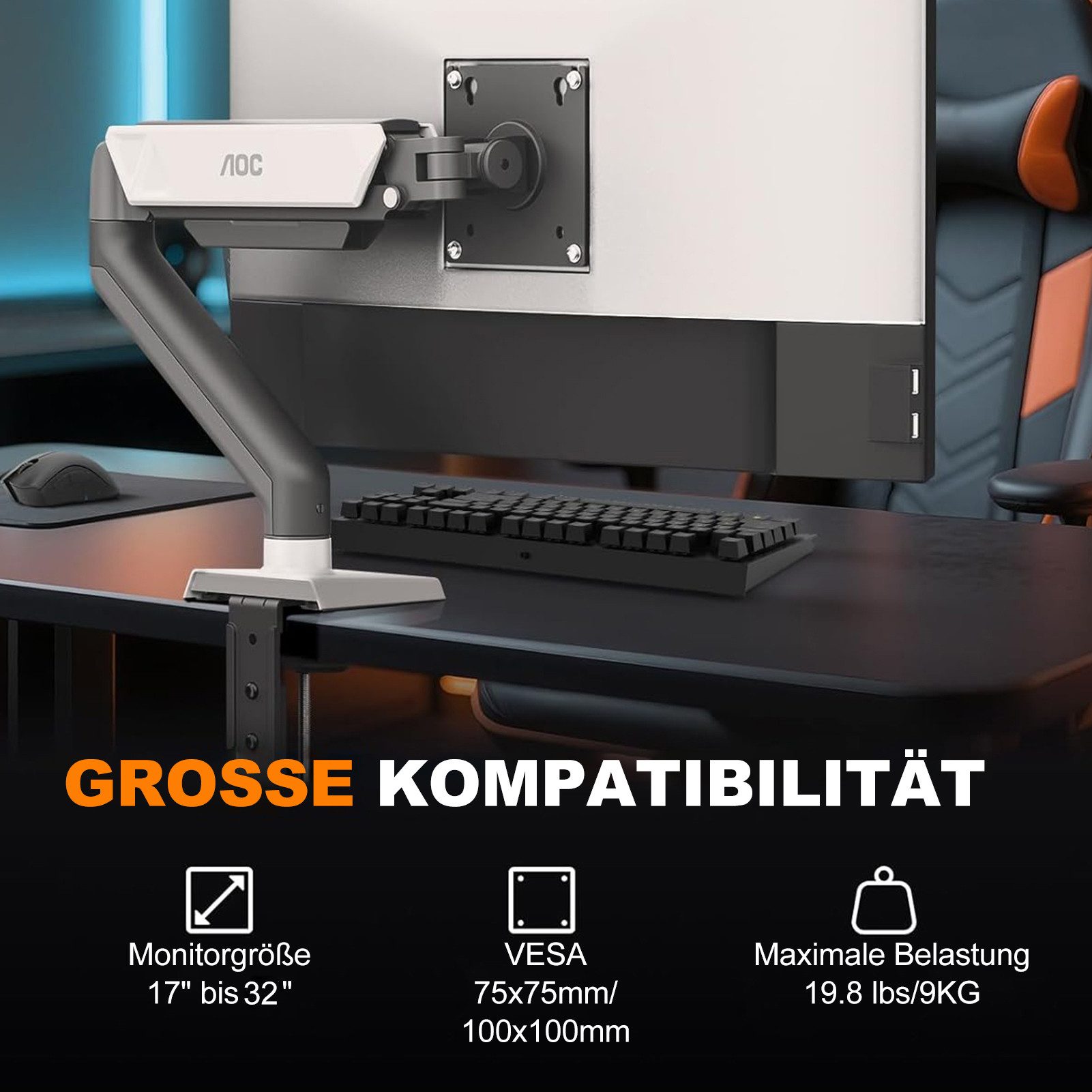 AOC Monitor-Halterung 17-32 Zoll, bis 9 kg, VESA 75x75-100x100, AM102, (bis 32 Zoll, Packung, neigbar,schwenkbar,drehbar,Gasdruckfeder,Kabelmanagement)