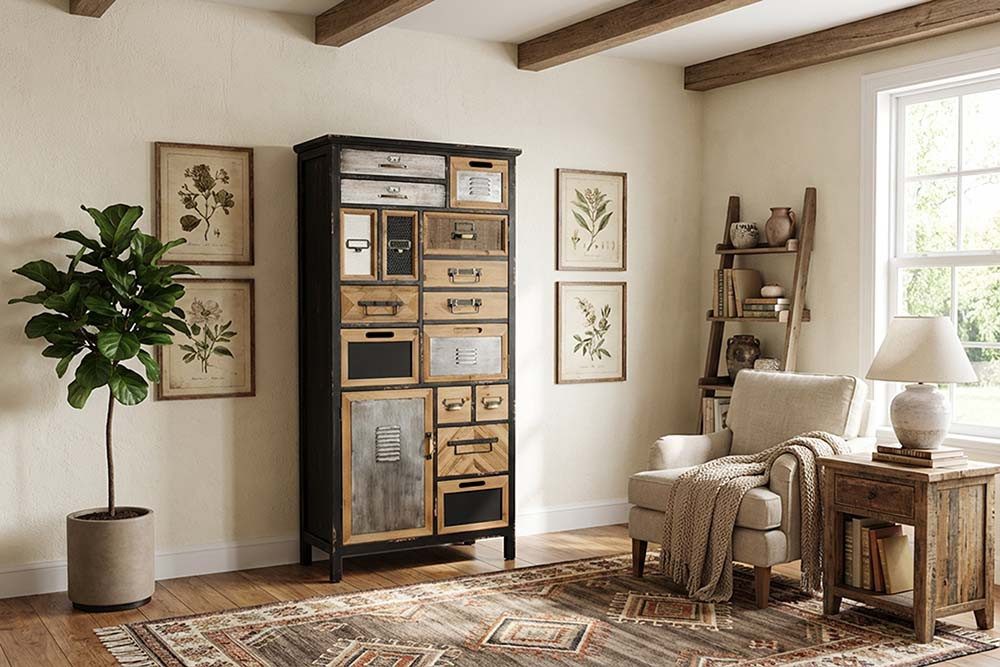 riess-ambiente Highboard SECRETS 150cm braun/schwarz - Metall, Pinienholz, Vintage, recycelt (Einzelartikel, 1 St), Einzigartiger Schubladenschrank - ideal für Wohn-, Ess- & Schlafzimmer