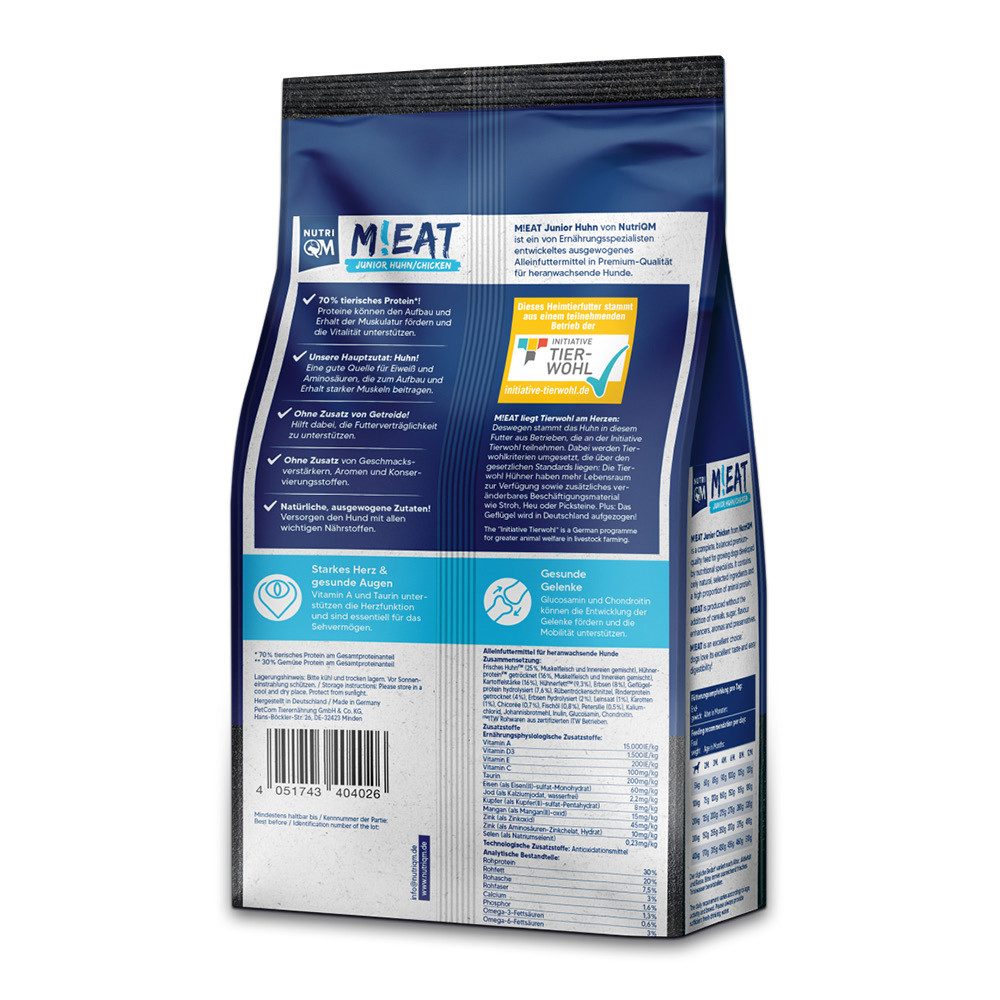 NutriQM M!EAT Junior, getreidefreies Trockenfutter mit ITW-zertifiziertem Huhn, Trockenfutter für: Hunde