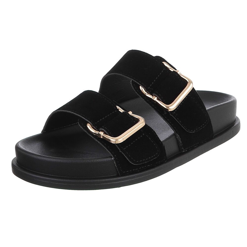 Ital-Design Damen Freizeitsandale mit Schnallen und Fußbett Pantolette (91971007) Flach Pantoletten in Schwarz