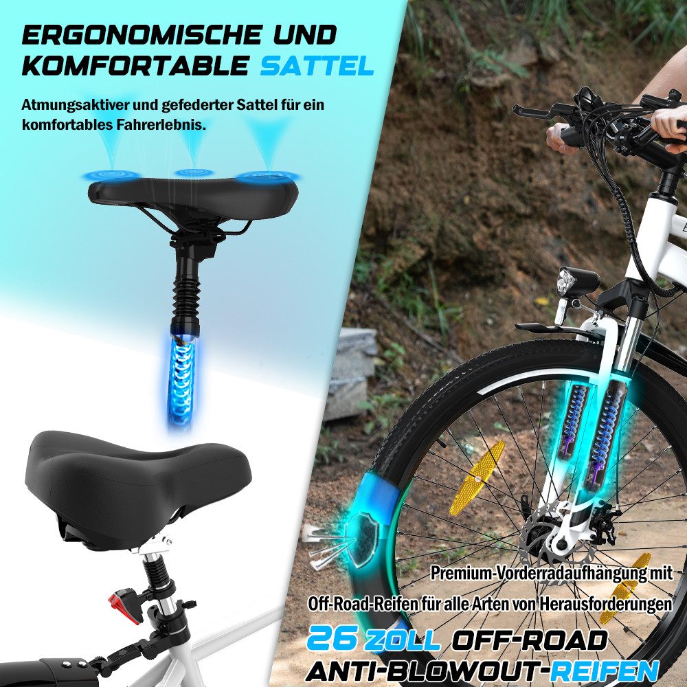 HITWAY E-Bike 26 Zoll Elektro-Mountainbike E-MTB, E-cityrad,Pedelec, 7 Gang, 250W Hochwertiger Heckmotor, 540 Wh, Shimano 7 gang Getriebe, 36V15AH AKKU, Reichweite 45-100KM