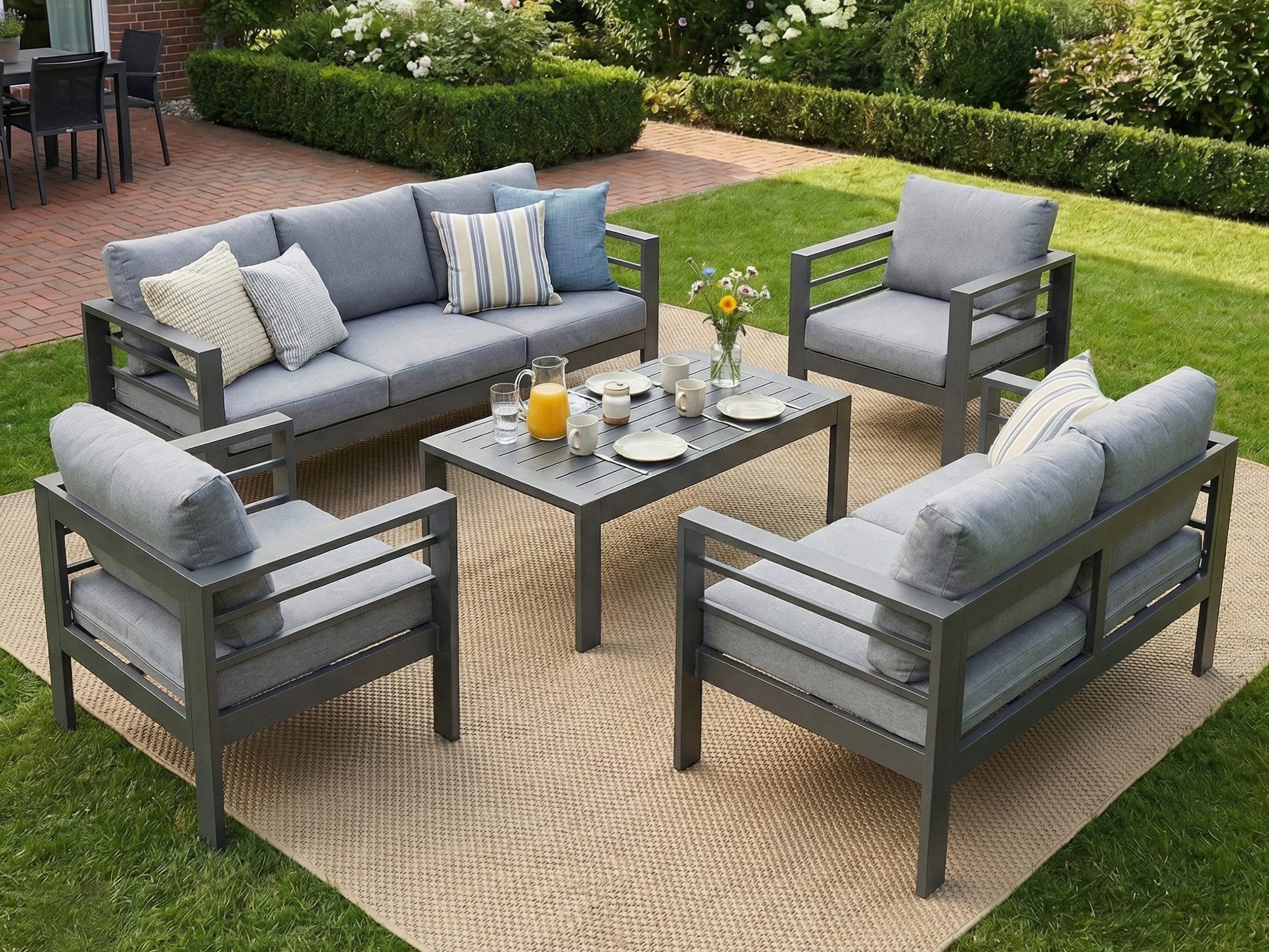 MeXo Gartenlounge-Set Gartenmöbel Set Aluminium, (12cm Deluxe Relax-Sitzkissen, 5-tlg., Belastbarkeit pro Sitzplatz 140kg), Lounge Gartenmöbelset xxl, pflegeleichte Polywood-Tischplatte