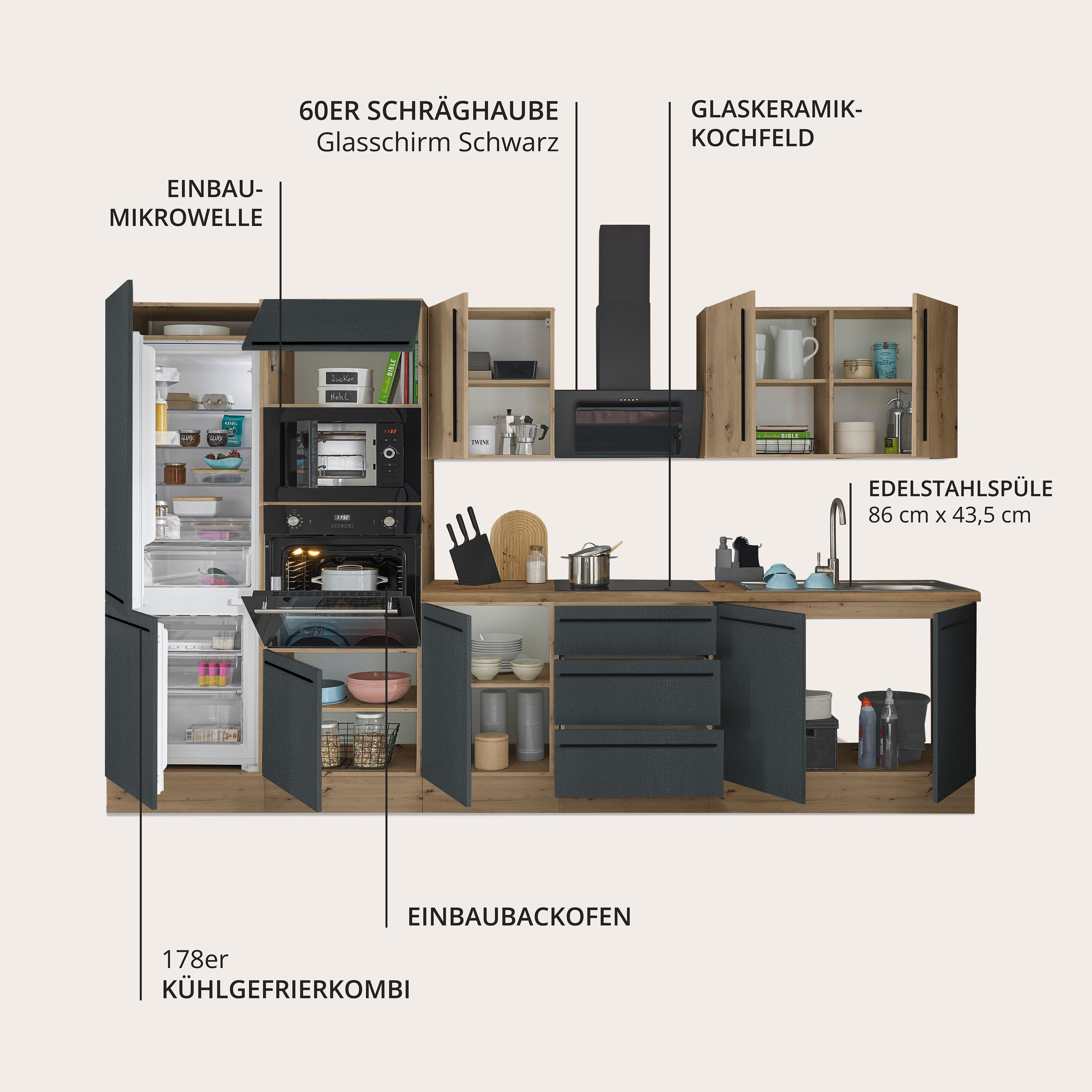 KOCHSTATION Küchenzeile Florida, Breite 330 cm, wahlweise mit E-Geräten,Softclose für Türen/Schubkästen