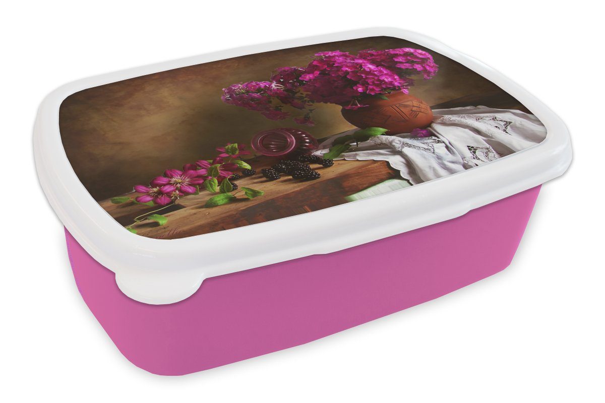 MuchoWow Lunchbox Rustikal - Blumen - Rosa - Vase - Stilleben, Kunststoff, (2-tlg), Brotbox für Erwachsene, Brotdose Kinder, Snackbox, Mädchen, Kunststoff