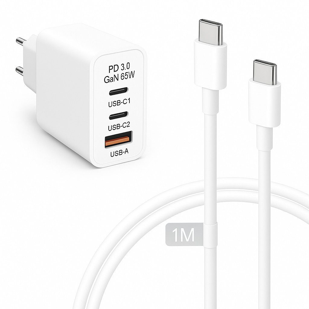Alpha Electronics 65W USB-C Schnellladegerät für Samsung S25 S24 S23 iPhone 16 15 Huawei Smartphone-Ladegerät (3250 mA, Sonderangebot, 2-tlg., inklusive 1 Meter oder 2 Meter 65W USB-C Schnellladekabel, Universalkompatibilität Ladegerät Netzteil Adapter)