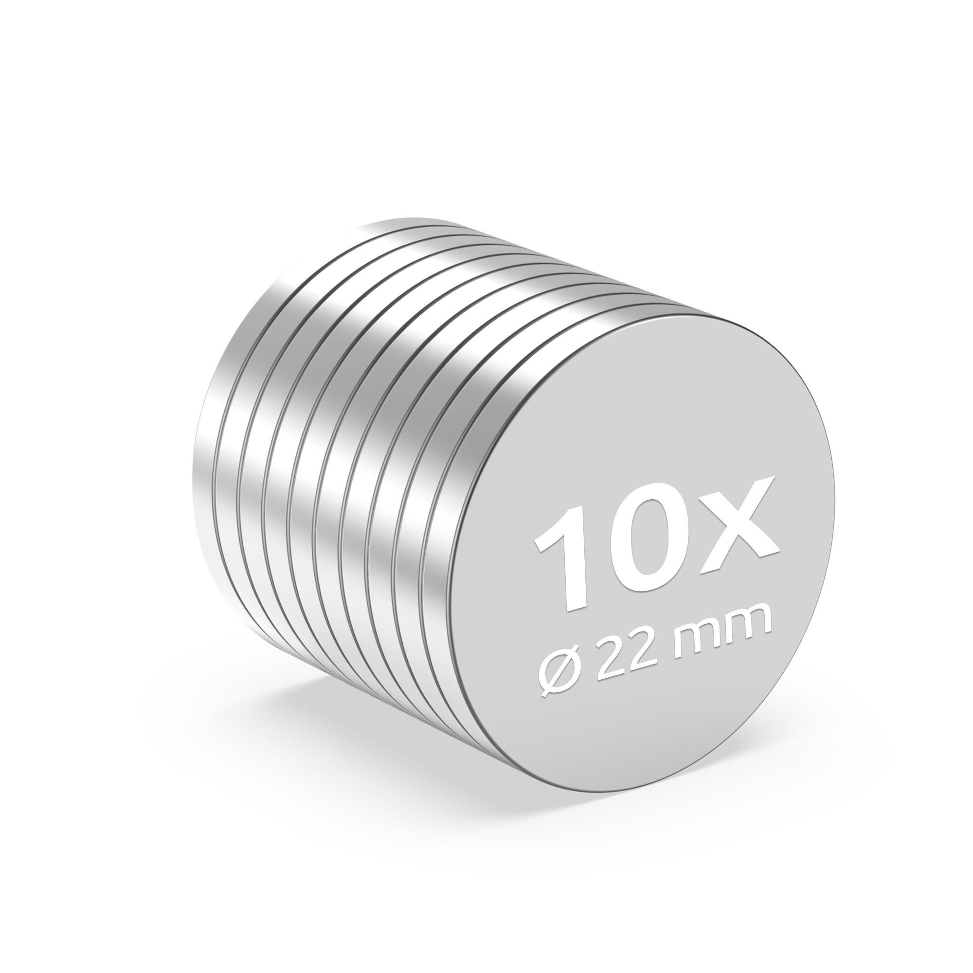 ECENCE Magnet 10x Neodym Magnete rund 22x2mm - - Extrem Stark (10-St)