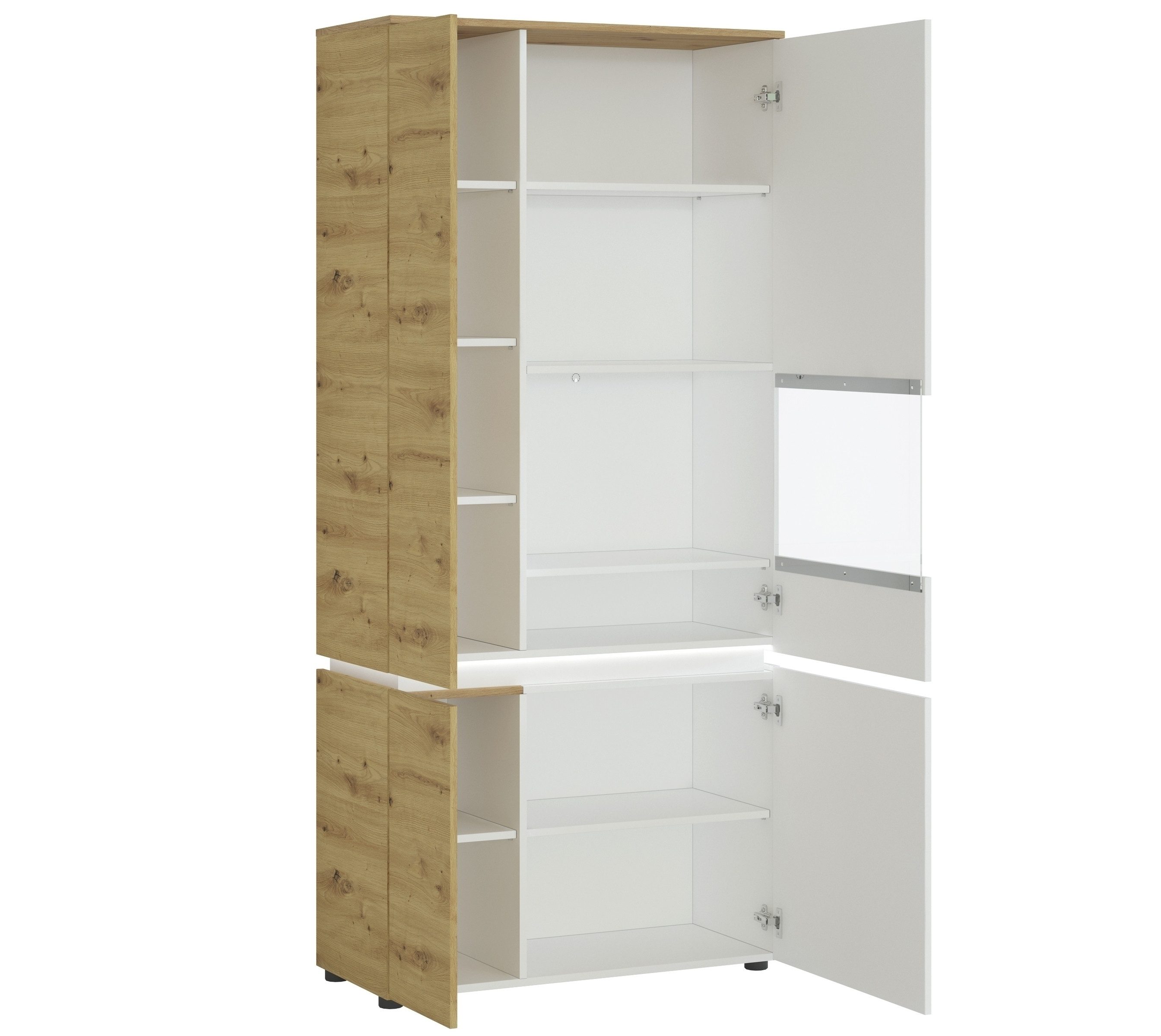 freiraum Stauraumvitrine LUCI 4 Türen, 7 Böden, Alpinweiß/Artisan Eiche Dekor - 90x199x40cm (BxHxT)