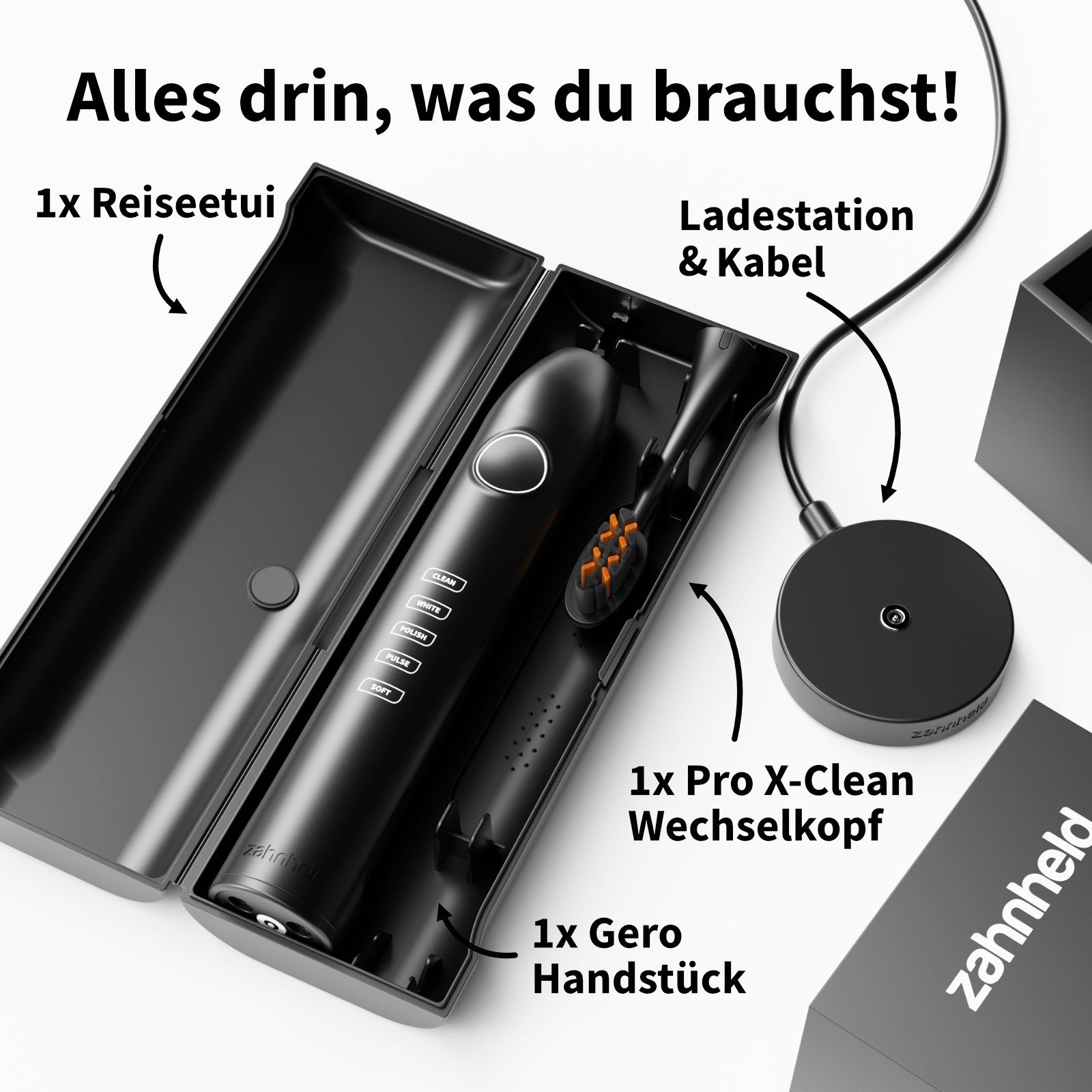 Zahnheld Elektrische Zahnbürste Schallzahnbürste Gero mit Munddusche & Etui schwarz/weiß, 10 Wo Akku, Elektrische Zahnbürste & Zahndusche, Mundpflege, Reisezahnbürste mit Schall, Water Flosser, Wasserstrahl