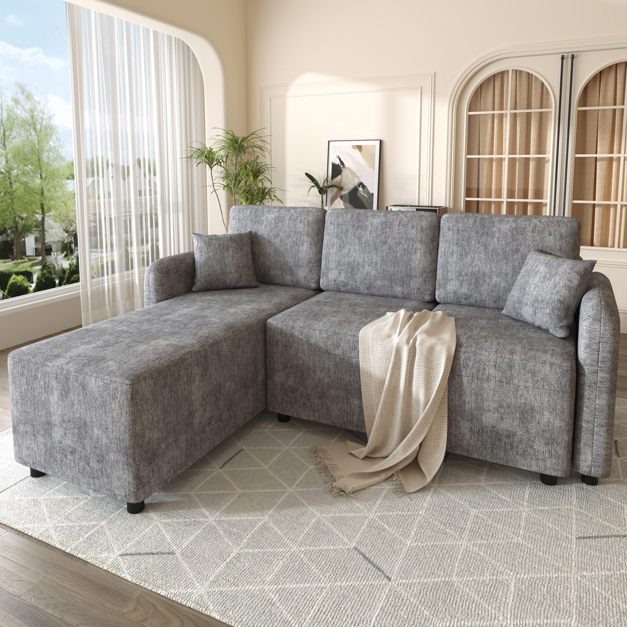 Merax Ecksofa mit Chenille-Bezug, L-förmiges Sofa mit Schaumstoff, 1 Teile, 3-Sitzer-Sofa mit 2 Kissen & Massivholzrahmen, 187,5 × 144 × 85,5 cm
