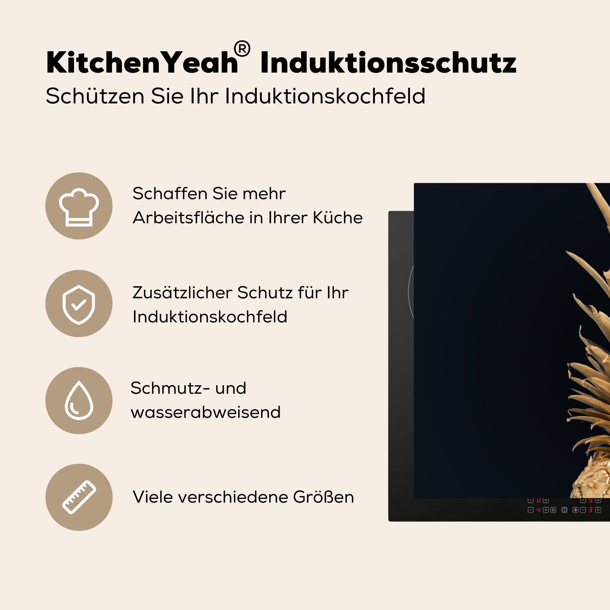 (1 Vinyl, tlg), die küche, für Induktionskochfeld Schwarz Herdblende-/Abdeckplatte Gold Obst - Luxus, - - MuchoWow cm, Farbe 81x52 - Ananas Ceranfeldabdeckung Schutz -