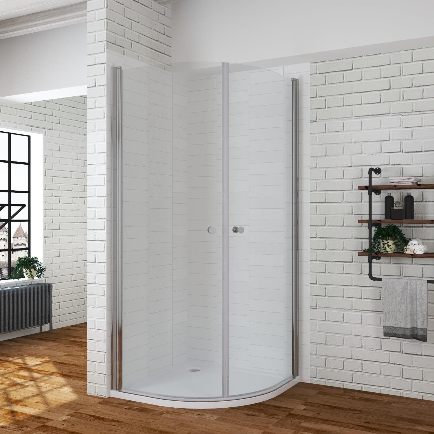 AQUABATOS Eckdusche Duschkabine Viertelkreis Runddusche ohne Duschtasse Duschabtrennung, BxT: 90x90 cm, 6 mm Einscheibensicherheitsglas Klarglas, ebenerdiger Einbau möglich, Montage auf Duschwanne, Rund Dusche mit Pendeltür, Nano,rahmenlos,Spritzschutz,Hebe-Senk-Mechanismus,barrierefrei