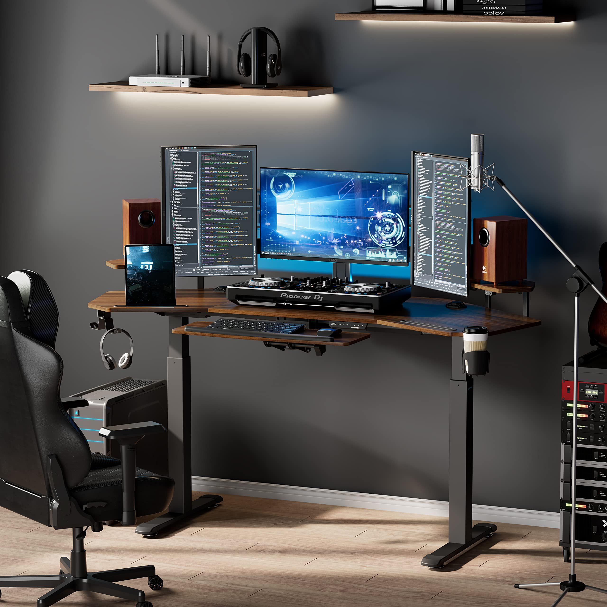 EE EUREKA ERGONOMIC Computertisch Höhenverstellbarer Schreibtisch, Elektrisch Groß Gaming Tisch (182×76cm Stehpult in Flügelform), Gaming Schreibtisch mit Led Monitorständer und Tastaturablage