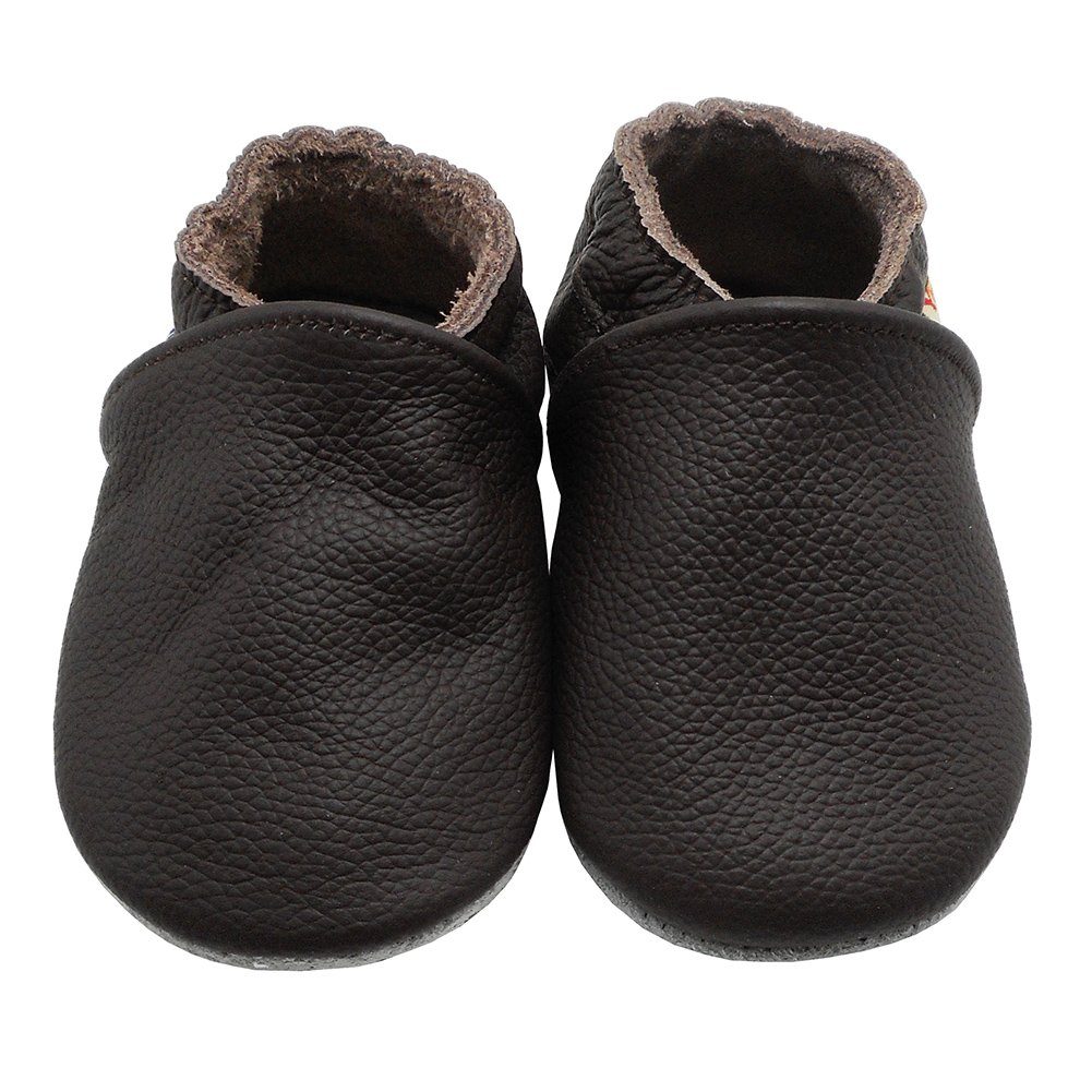 Yalion Weiche Leder Lauflernschuhe Hausschuhe Lederpuschen Dunkelbraun Krabbelschuh