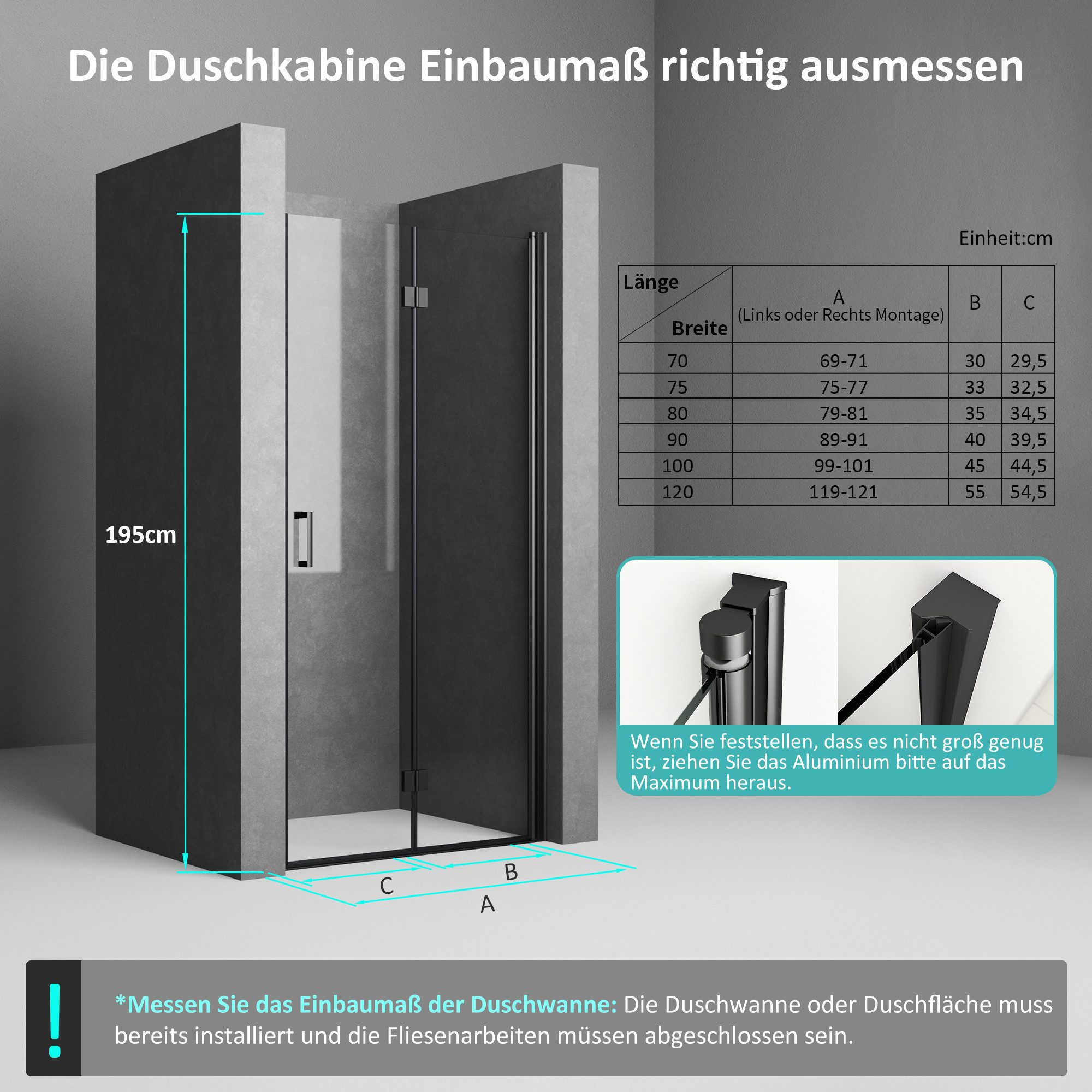 Boromal Dusch-Falttür Schwarz Nischentür Dusche Schwarz Duschabtrennung faltbar für Dusche, 70x195 cm, NANO Sicherheitsglas, (180º Falt-Drehfalttür, 90x195, 100x195, 120x195cm) mit Alu-Bodenleiste, Magnetverschluss, Duschdichtung
