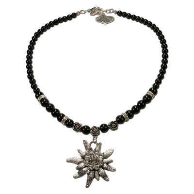 Alpenflüstern Collier Perlen-Trachtenkette Fiona mit Strass-Edelweiß groß (schwarz), - Damen-Trachtenschmuck Dirndlkette