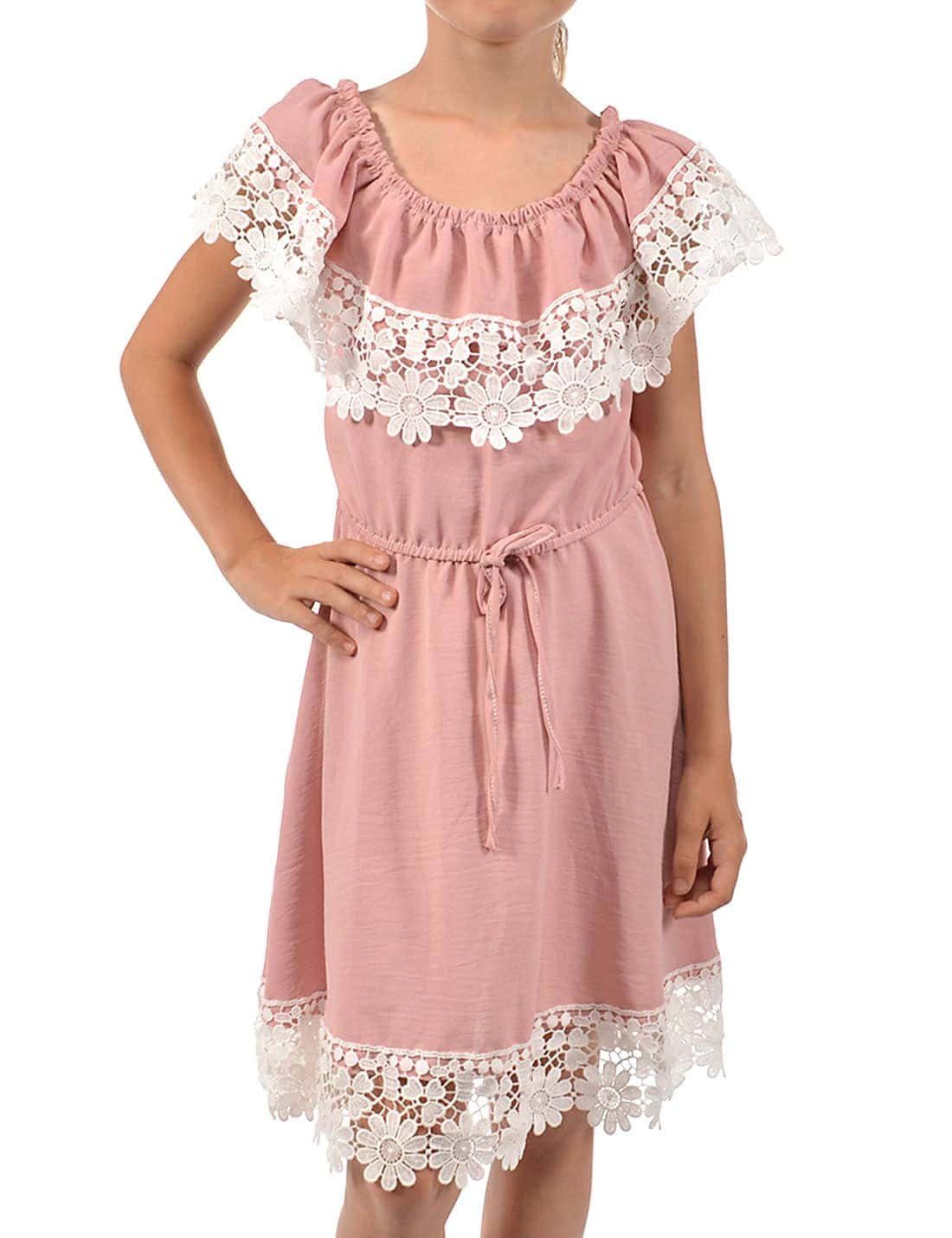 KMISSO Sommerkleid Mädchen Kleid Schulterfrei mit Altrosa Spitze (1-tlg) bequem zu tragen