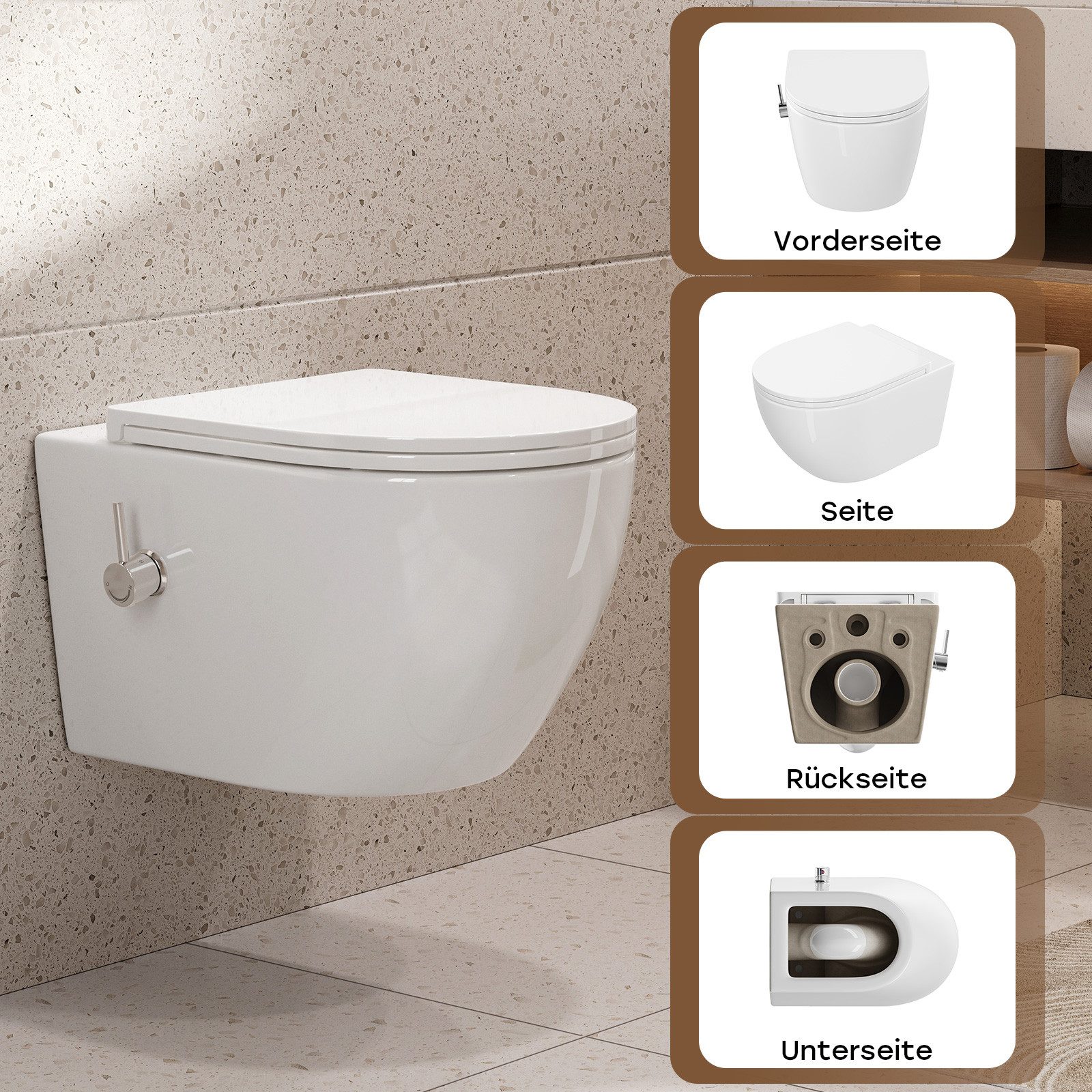 HOROW Dusch-WC Taharet -WC mit Softclose Toilettensitz, spülrandlose Toilette, Toilette mit Bidet-Funktion, Abgang waagerecht, Set, Wand-WC mit WC-Sitz Absenkautomatik