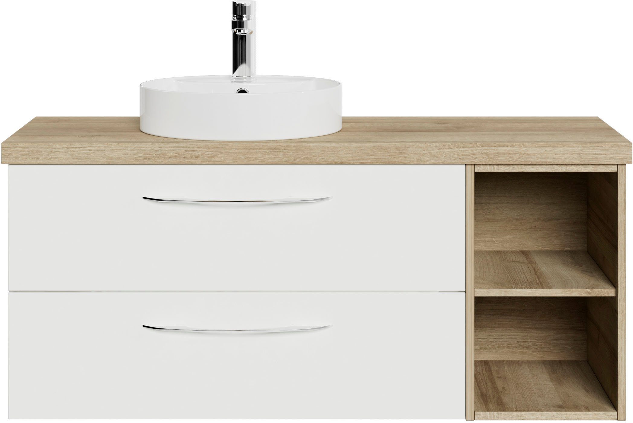 Saphir Waschtisch Serie 4035 Keramik-Aufsatzbecken mit Unterschrank, 118 cm breit, Waschplatz mit 2 Schubladen, Riviera Eiche quer Nachbildung
