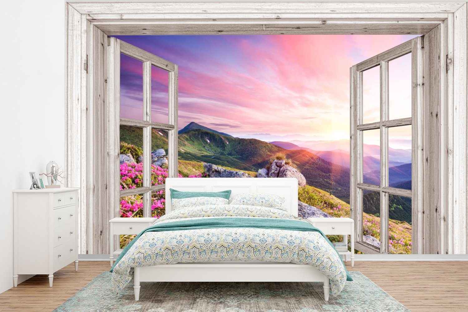 MuchoWow Fototapete Berge - Landschaft - Aussicht - Blumen - Abend - Rosa, Matt, bedruckt, (6 St), Wallpaper für Wohnzimmer, Schlafzimmer, Kinderzimmer, Vinyl Tapete