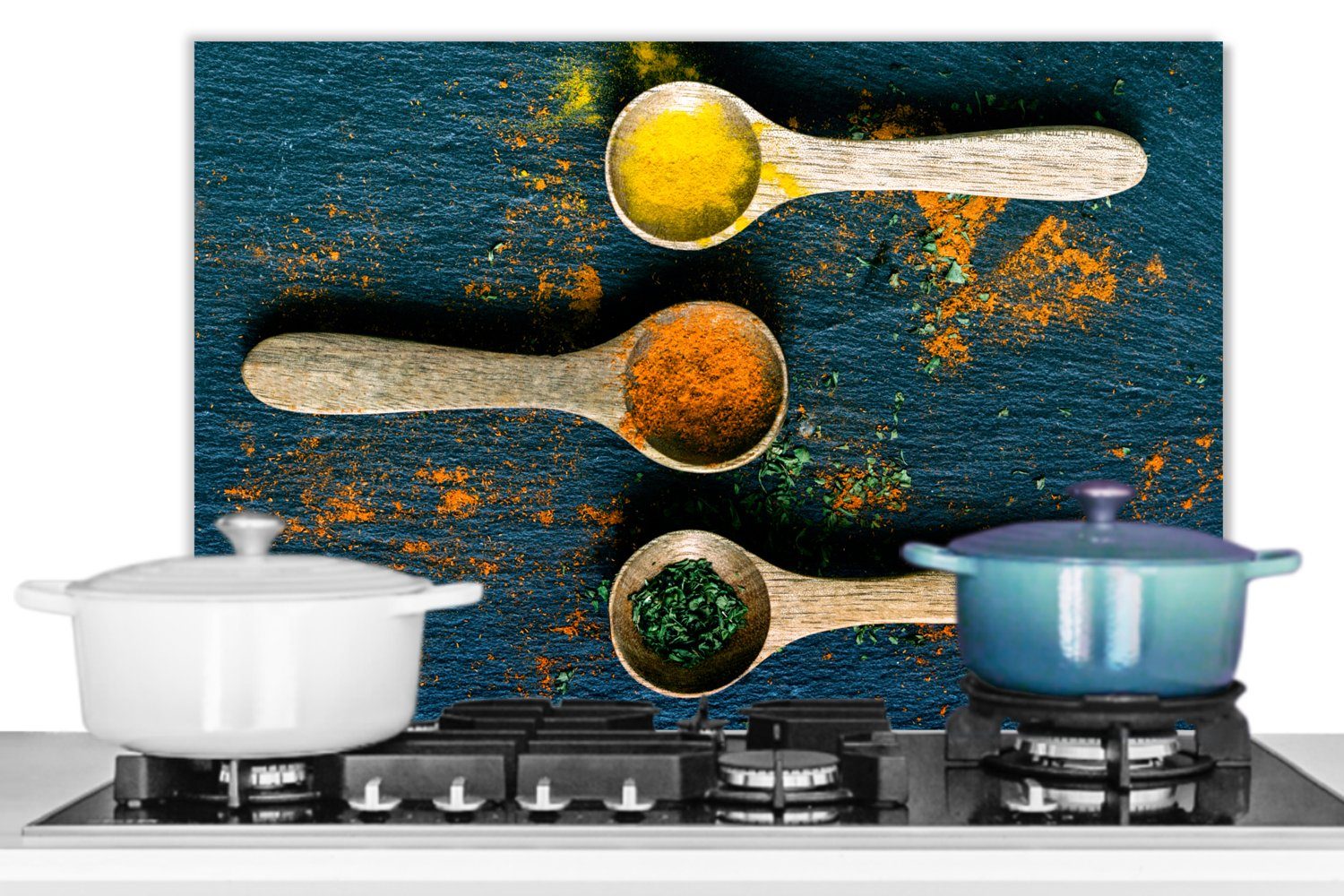 MuchoWow Küchenrückwand aus Grün, küchen Gelb Braun cm, Temperaturbeständig 60x40 - Herdblende Kräuter Gewürze Löffel - Wandschutz, - - (1-tlg), 