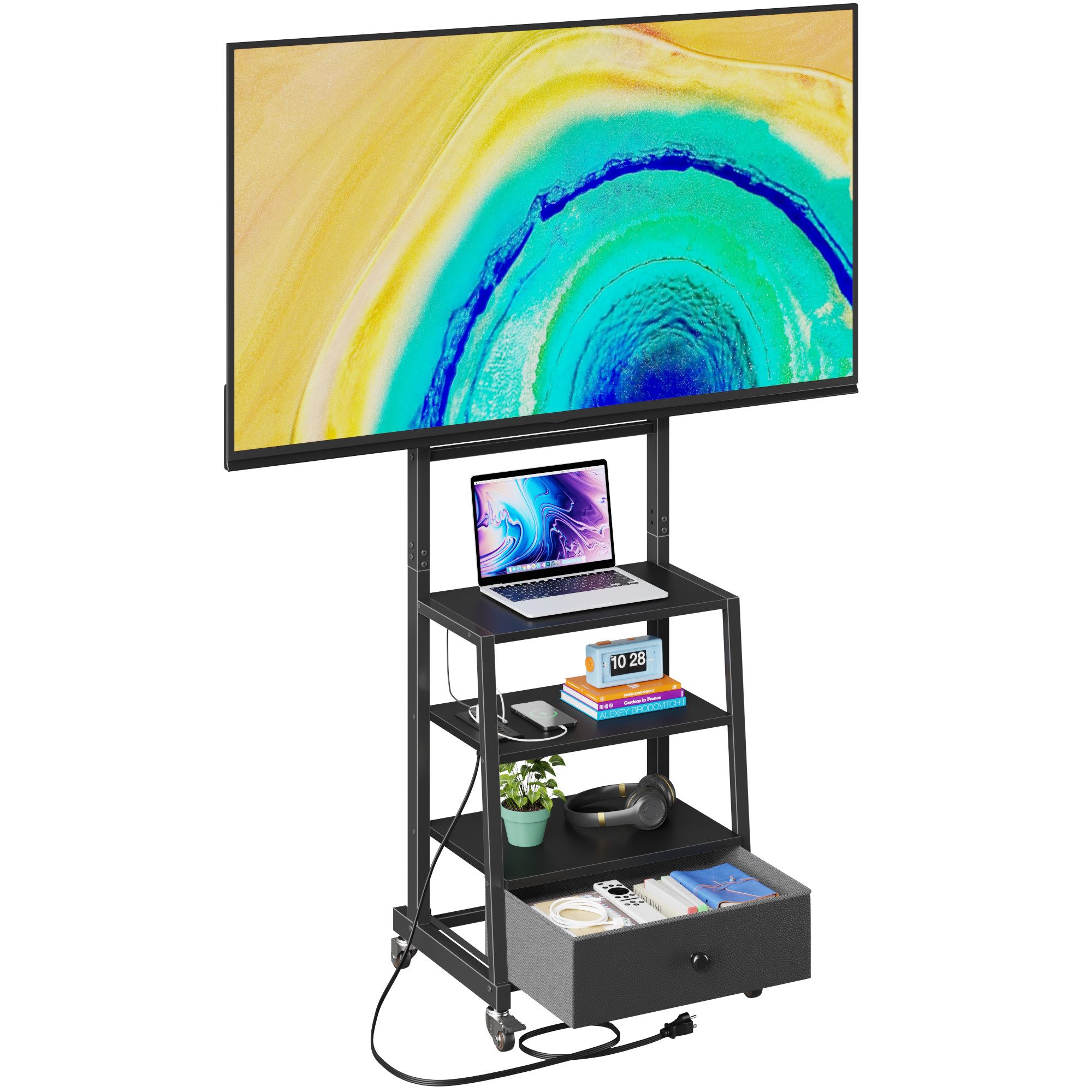 OYRREU Konsolen-Halterung höhenverstellbarer TV-Ständer mit Rollen, für große Displays, (bis 75 Zoll, Touchscreen Halterung, Bildschirmwagen, Präsentationsständer, TV-Standfuß, mobiler Bodenständer drehbaren Rädern, inkl. Steckdose & Schublade, vielseitige Kompatibilität, TV Trolley)