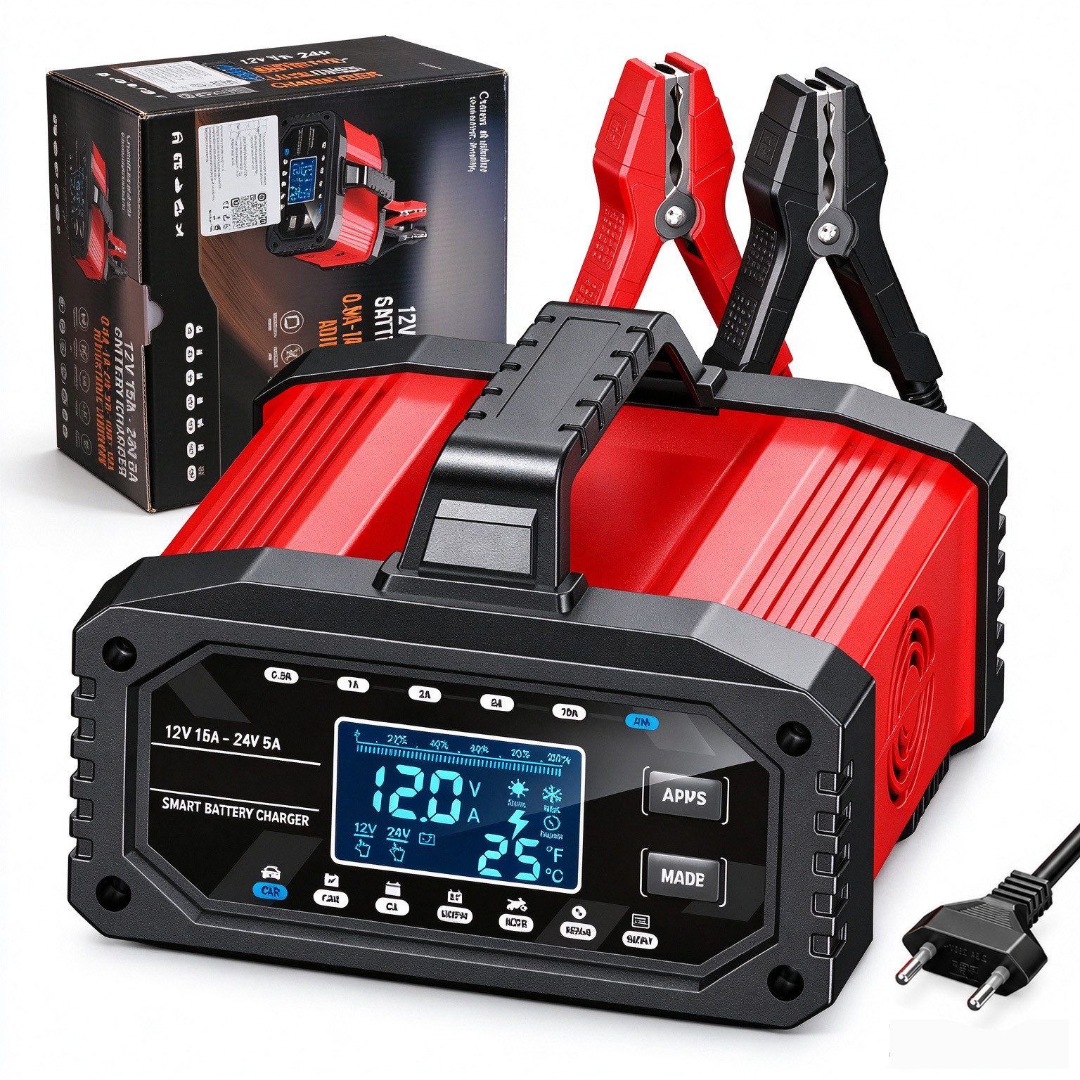 AKKEE 15A, Intelligentes Batterieladegerät 12V/24V 10-stufiger Ladevorgang Autobatterie-Ladegerät (Für Autos, Lastwagen, SUVs, Motorräder, Rasenmäher, Schiffe)