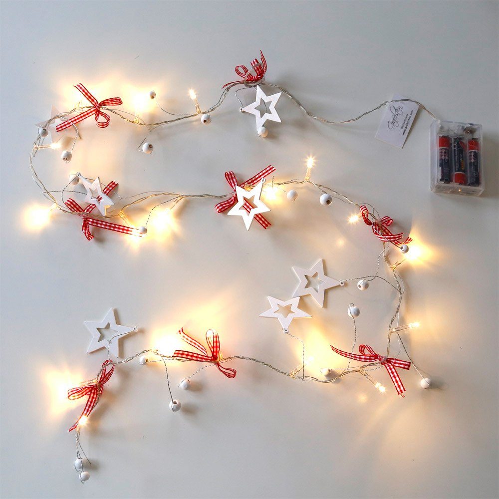 Grafelstein Lichterkette HAPPY CHRISTMAS rot weiß mit Schleifen u. Sternen  batteriebetrieben