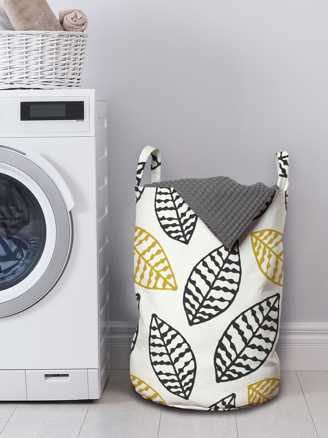 für mit Wäschesäckchen weiss Griffen Digital-Blätter-Muster Wäschekorb Nicht-gerade Abakuhaus Waschsalons, Kordelzugverschluss