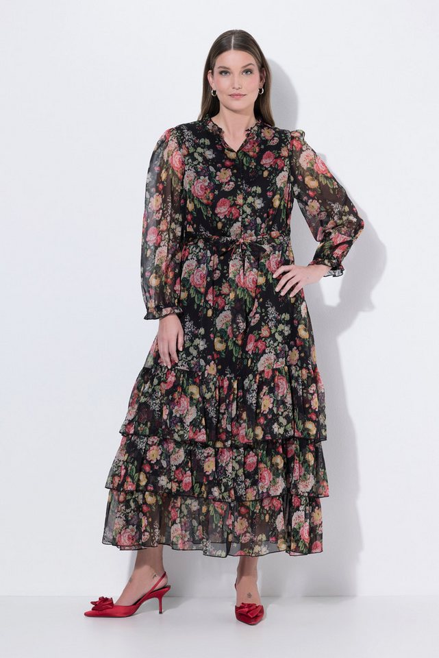 Ulla Popken Maxikleid Maxikleid Blüten Chiffon Stehkragen Langarm