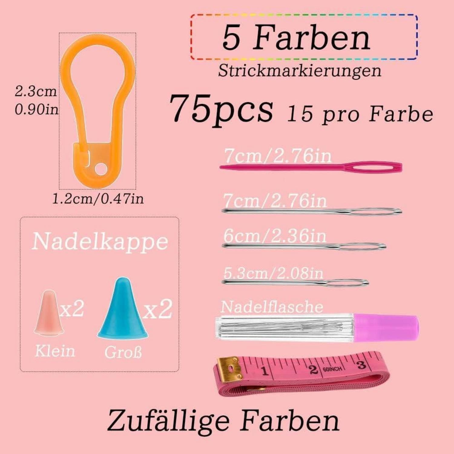 LuxusKollektion Big-Eye-Nadeln 75-tlg. Strickzubehör Maschenmarkierer Set mit 9 Nadeln & Aufbewahrung