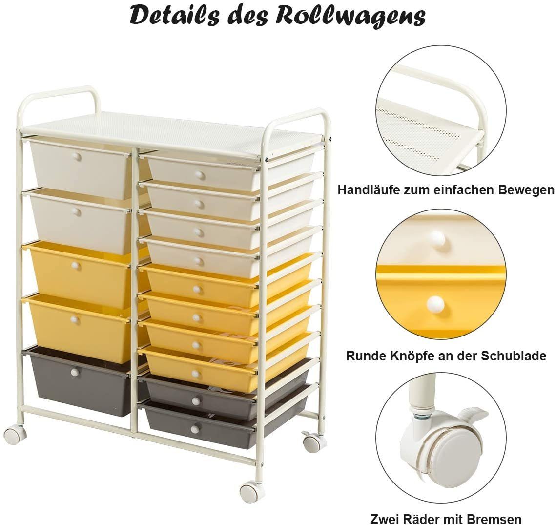 15 Rollcontainer, Gelb Metallgestell, mit COSTWAY Bremsen Schubladen, stapelbare