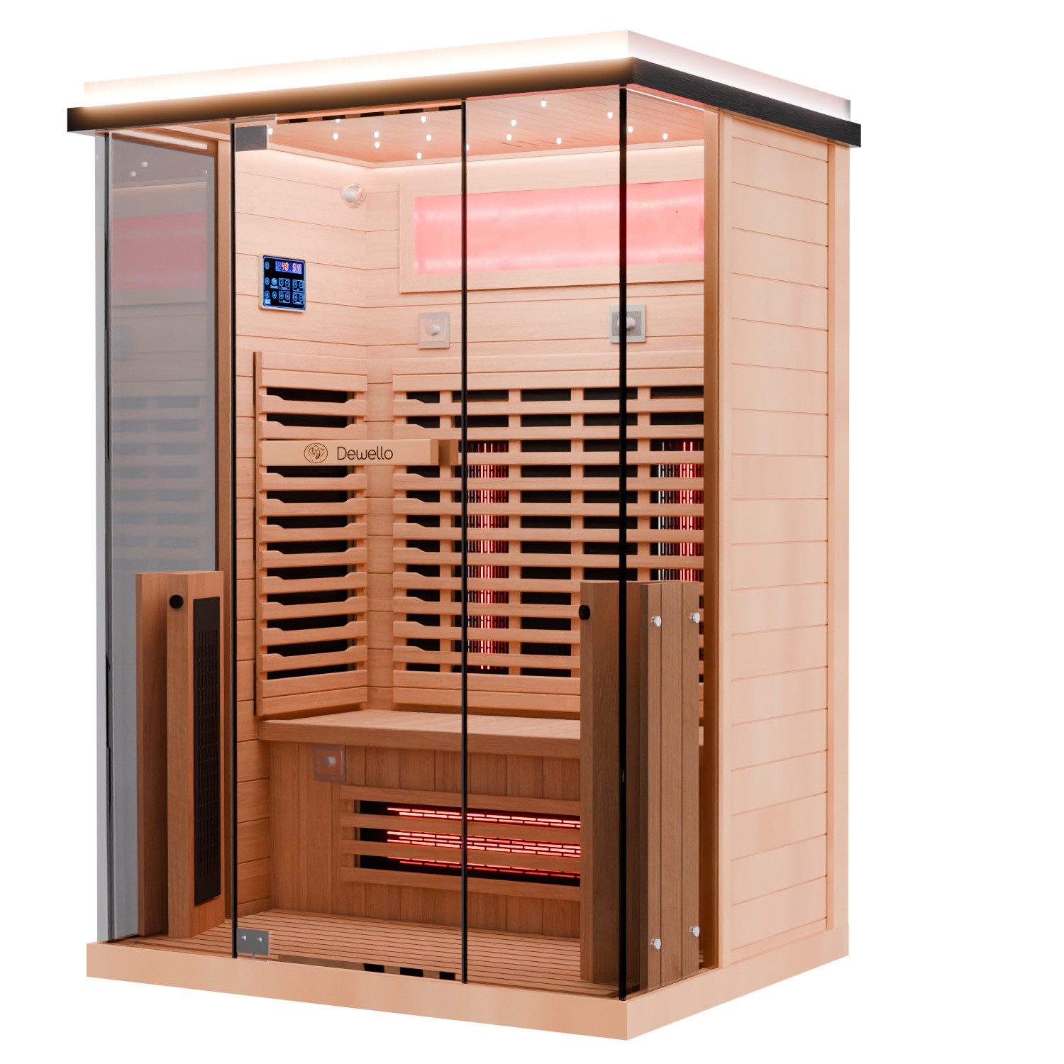 Dewello Sauna KENORA 130 Wärmekabine, 1-2 Personen, 5 Vollspektrumstrahler, BxTxH: 130 x 105 x 190 cm, (aus Hemlock-Tannenholz, leichter Aufbau dank Stecksystem, inkl. Ionisator mit Ozondesinfektion und Aromatherapie, Bluetooth & FM)