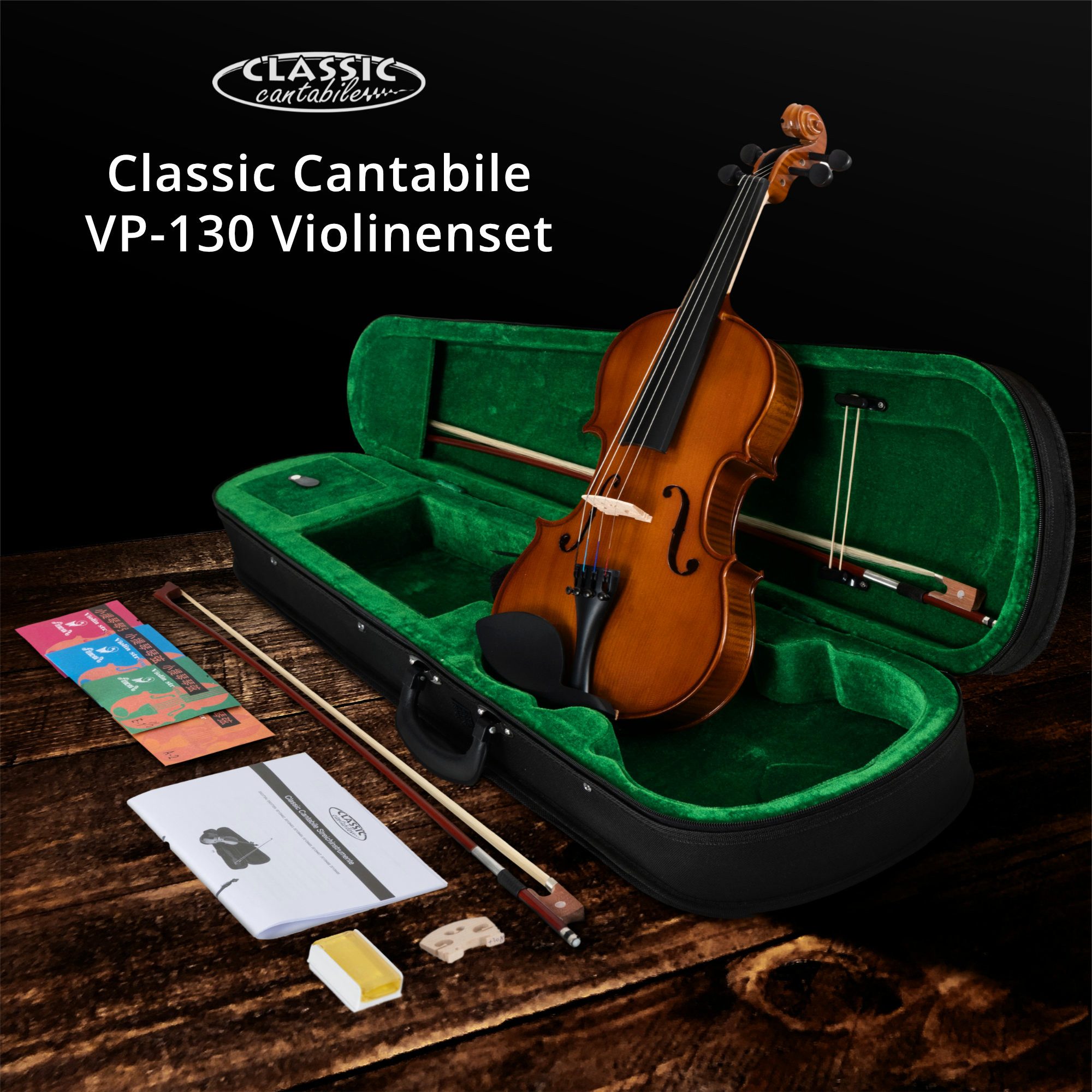 Classic Cantabile Violine VP-130 4/4 Violinenset Natur - Klassisches Design - Moderne Optik, Komplettset, Einsteiger/Schülerinstrument, inkl. Bogen, Koffer, Kolophonium und Ersatzsaiten