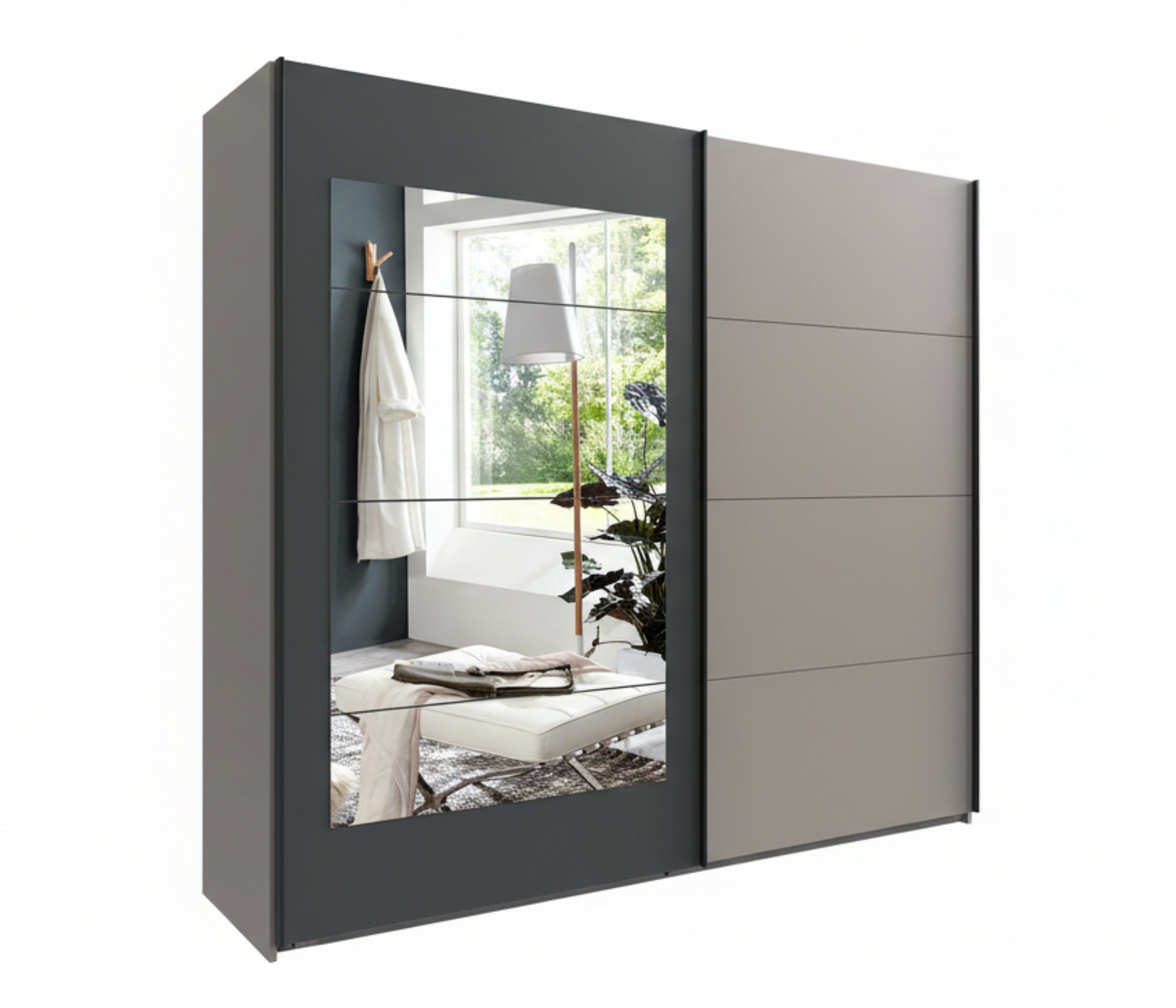 luma-home Schwebetürenschrank 22009 (B/H/T 225/208/65 cm Kleiderschrank in Sandgrau) mit Spiegeltür in Anthrazit, 2 Einlegeböden, 2 Kleiderstangen