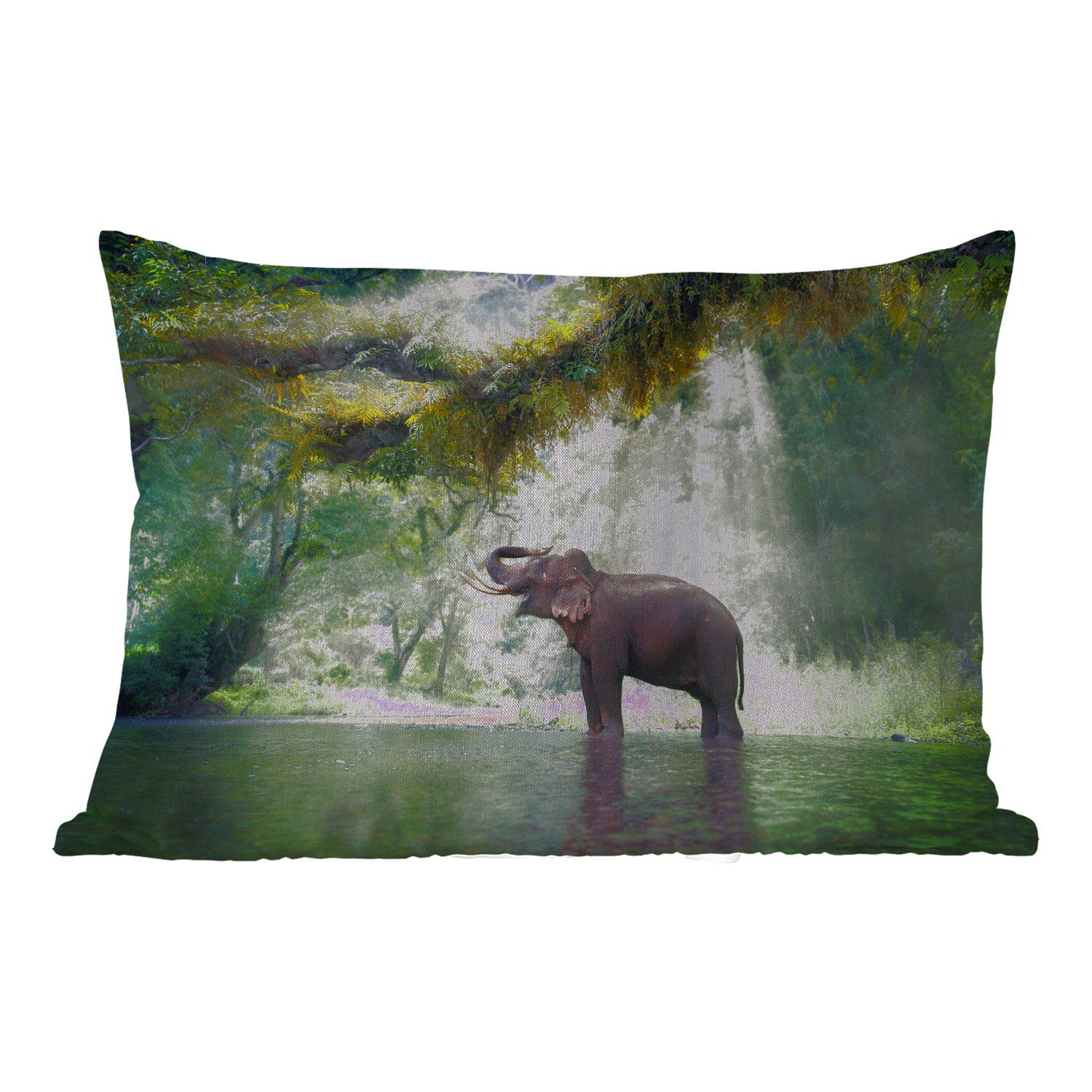 MuchoWow Dekokissen Dschungel - Elefant - Wasser, Outdoor-Dekorationskissen, Polyester, Dekokissenbezug, Kissenhülle