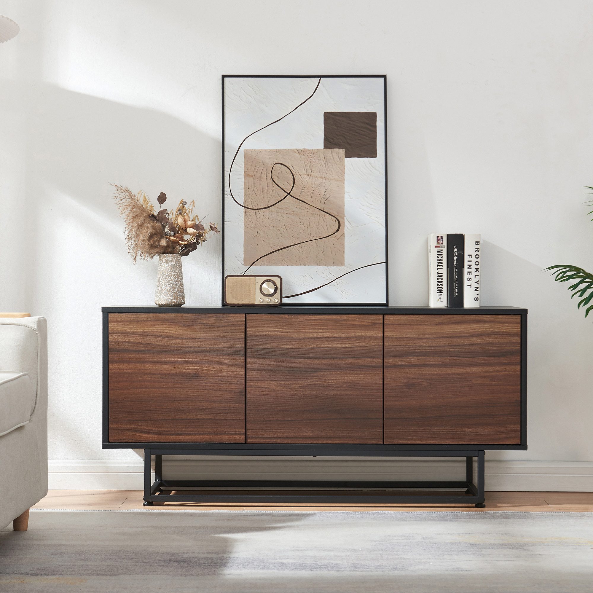 en.casa Sideboard, »Boxholm« mit 3 Türen 120 x 30 x 55 cm Schwarz/Walnussop günstig online kaufen