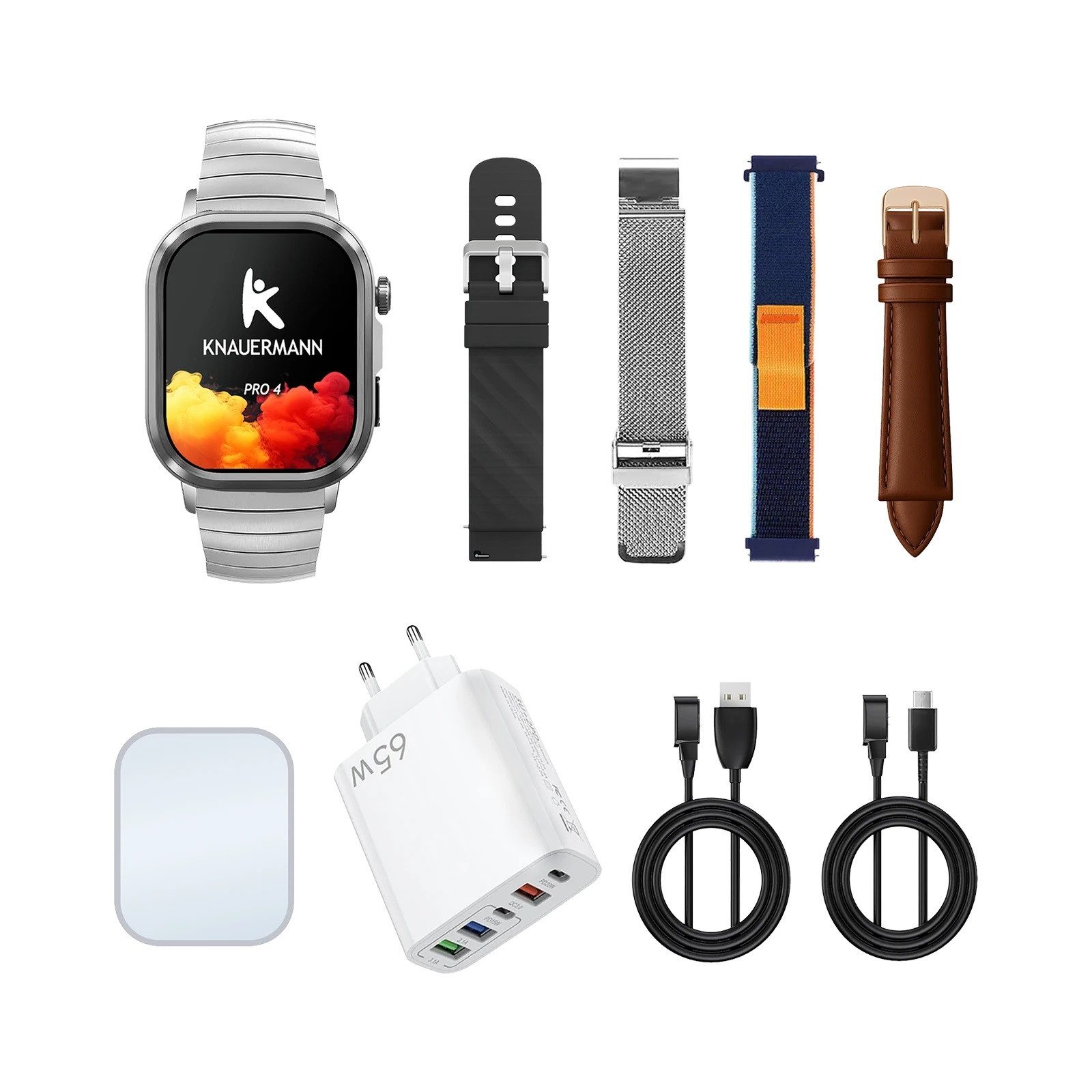 Knauermann PRO 4 (2026) Gesundheitsuhr mit Anruf & SOS Funktion Smartwatch (3,96 cm) Uhr mit Ladegerät, mit magnetischem Ladegerät und Anleitung, Bluetooth