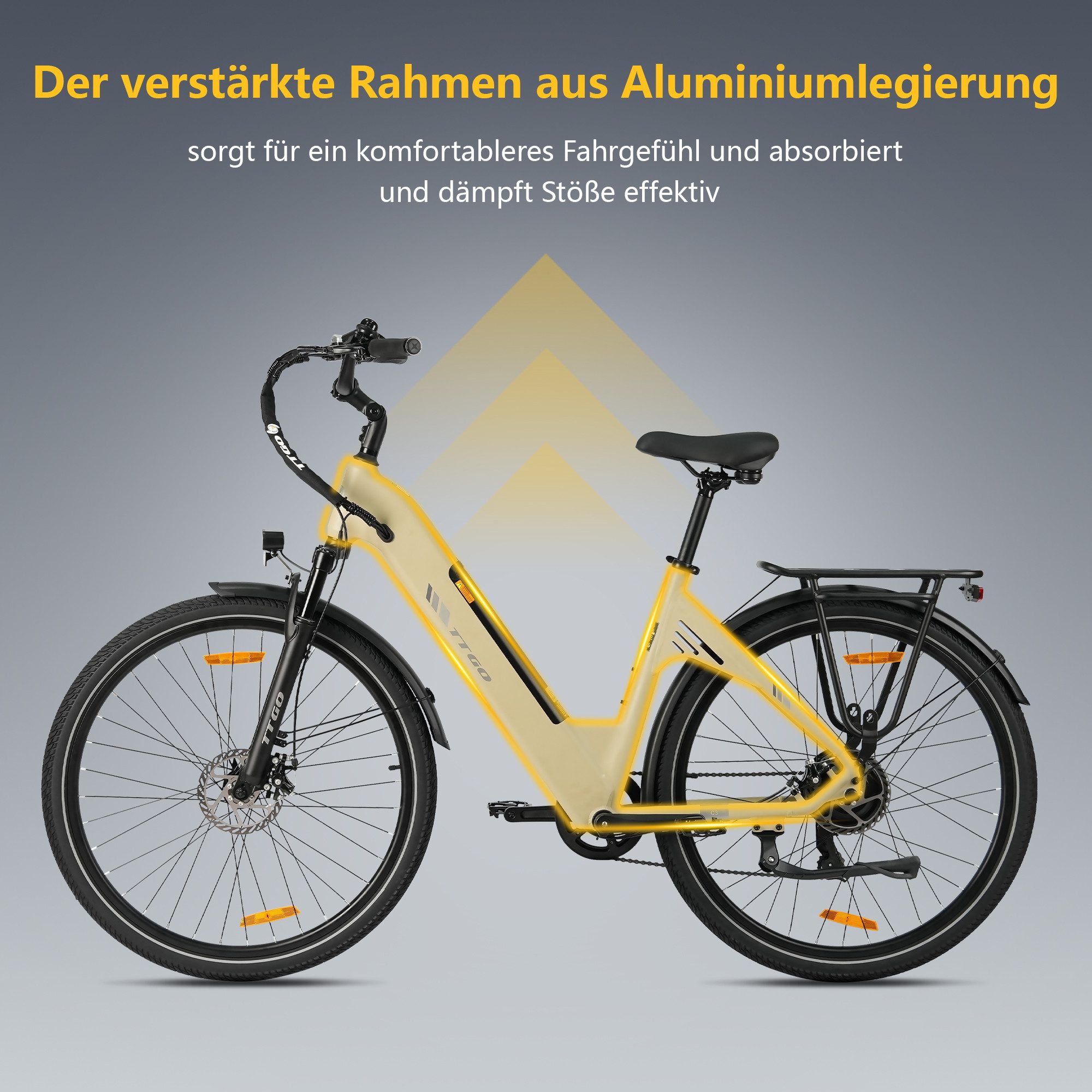 TTGO E-Bike Cityrad 28 x 2,0 Zoll, 120km, C3 SE, Elektrofahrrad mit Tiefeinsteiger-Rahmen, 7 Gang SHIMANO, Kettenschaltung, Heckmotor, 648 Wh, 5 Stufen, Leicht nur 25kg, Pedelec bis zu 120kg, Aluminiumrahmen