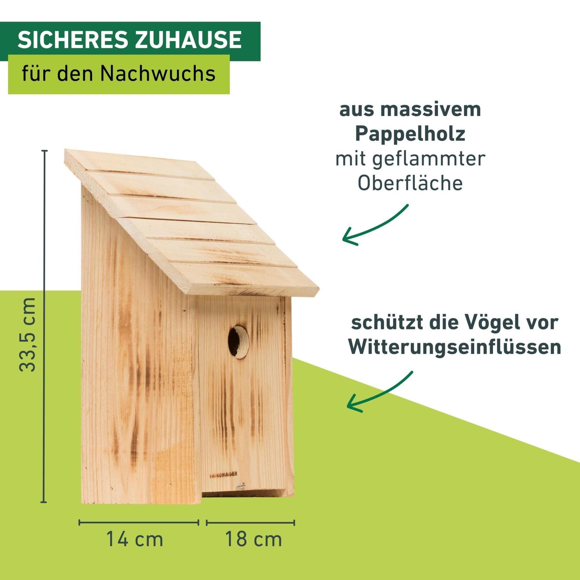 Windhager Nistkasten aus massivem Pappelholz, sicherer Brutplatz für Vögel, Brutquartier einfach zu reinigen, inkl. Aufhängung