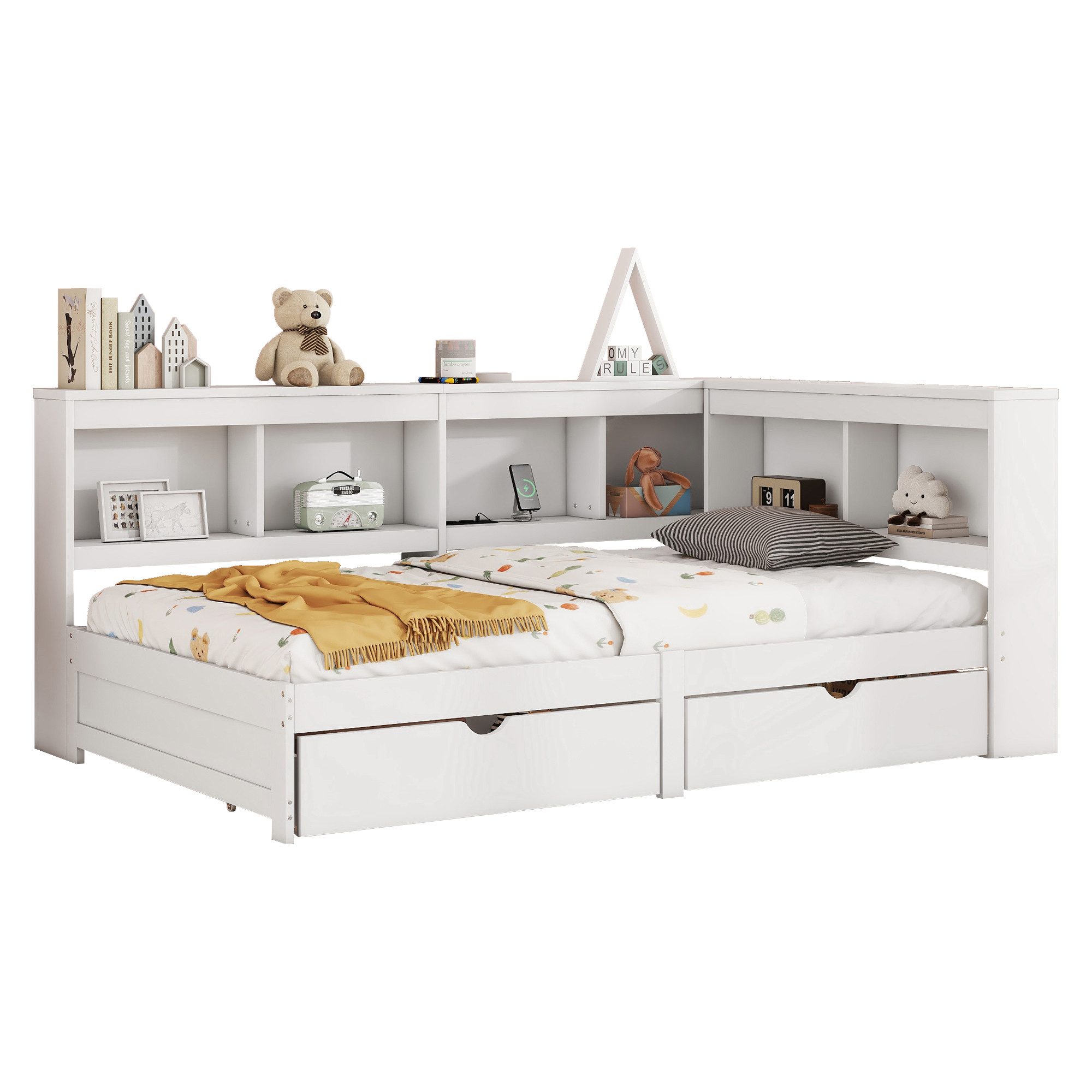 Merax Holzbett, mit Schubladen,Jugendbett mit USB und Steckdose,Einzelbett,90x200cm