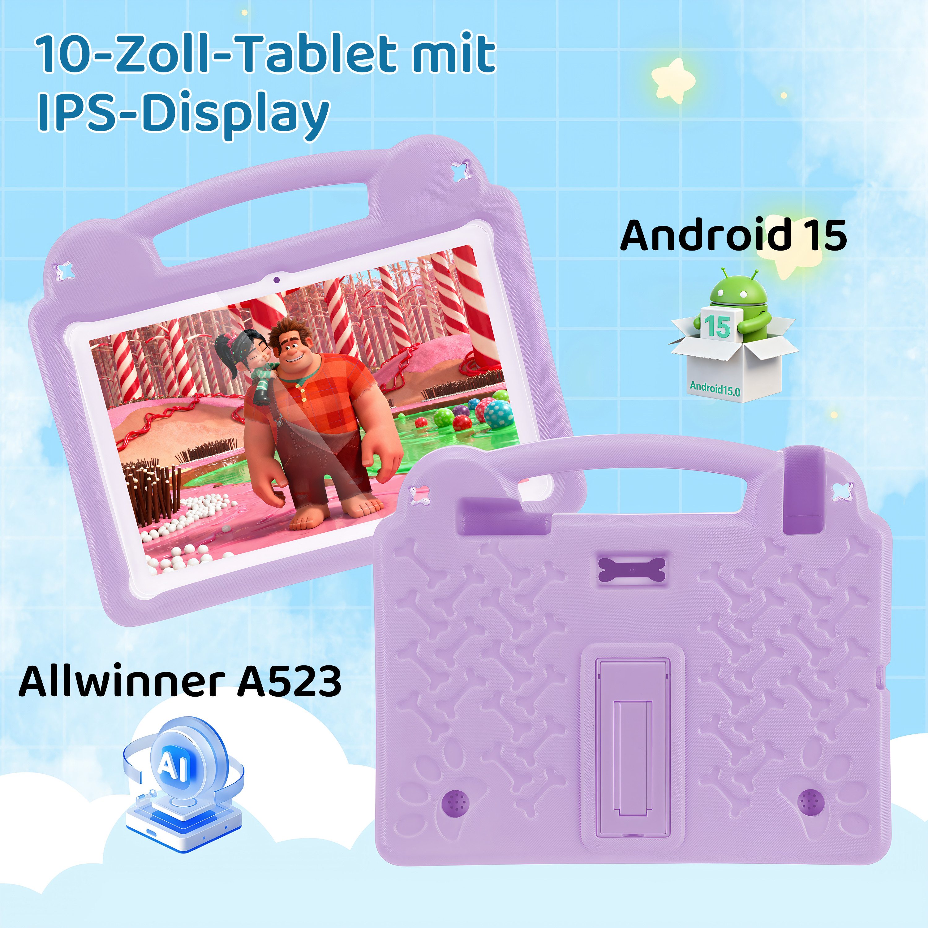 WILGOON 10.1'' Kids Android 15 mit Stylus Tablet A523 Octa Core bis 2.0 GHz HD Tablet (10.1", 64 GB, Android 15, 2.4G+5G WIFI6, 6000 mAh mit WiFi 6 Bluetooth 5.0 GMS mit Tasche+Sticker für Kinder)