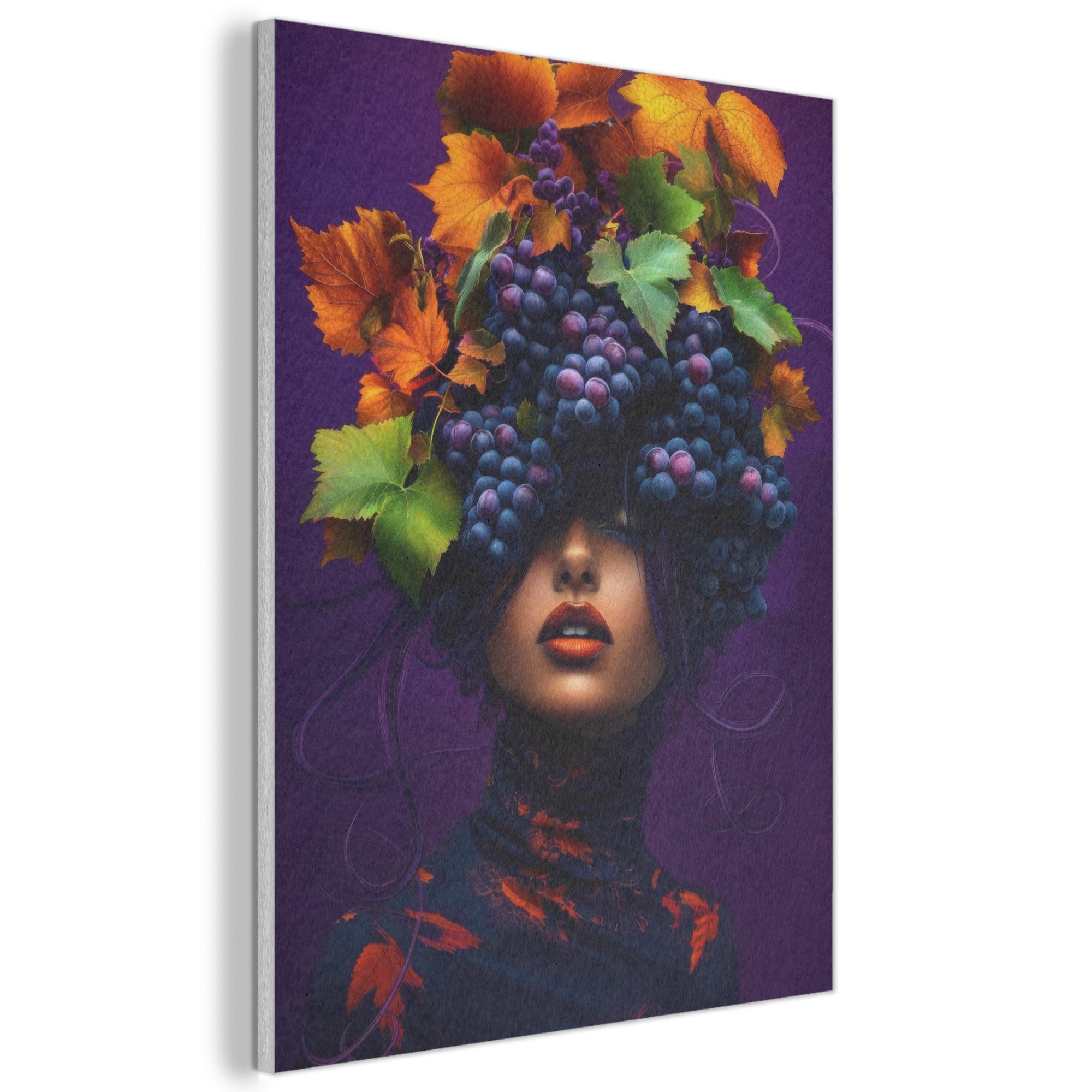 MuchoWow Gemälde Frau - Lila - Weintrauben - Küche, Fotodruck (1 St), Akustikpaneele, Wandpaneele, Schalldämmung, Akustikbilder 30x40 cm