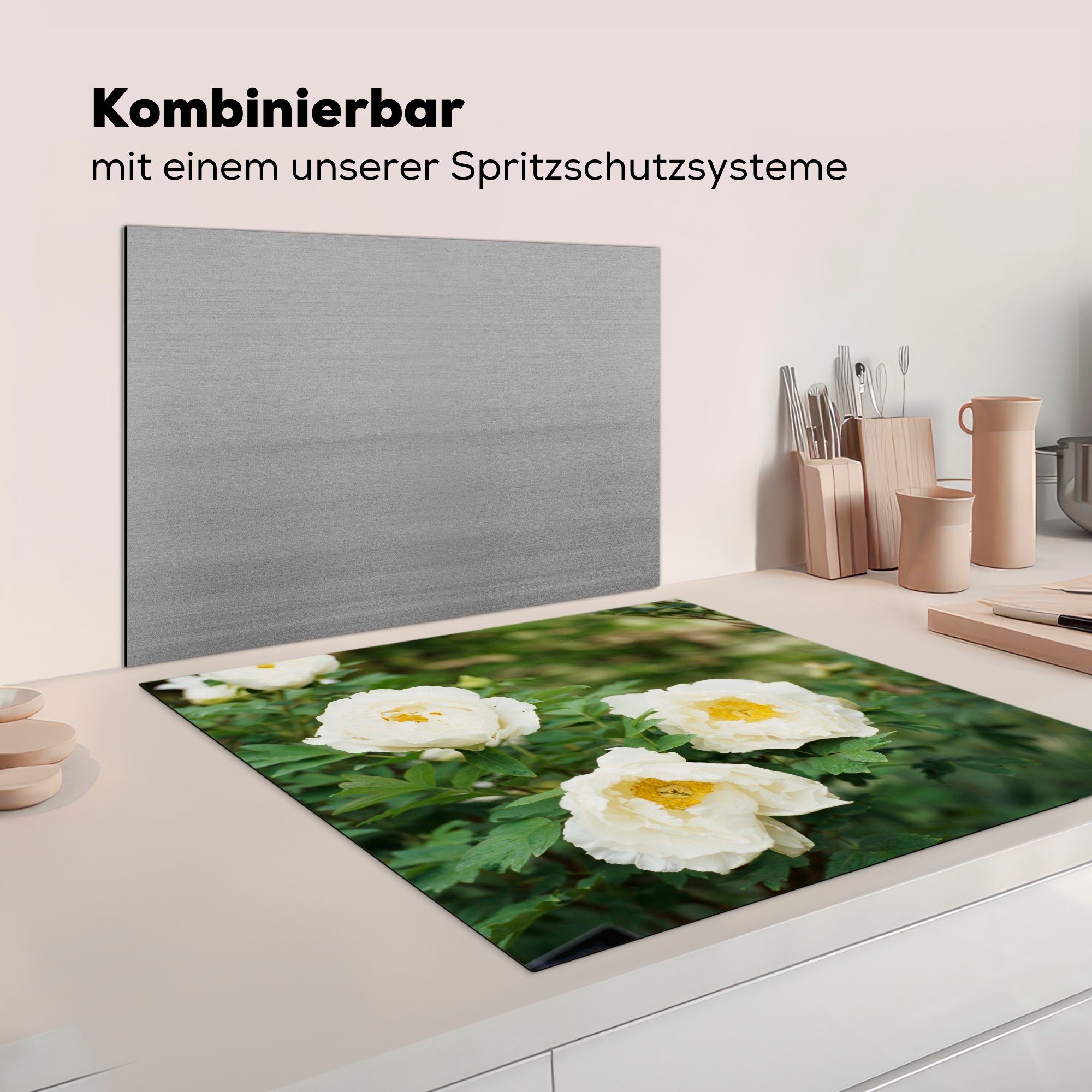 Arbeitsplatte Pfingstrosen, küche mit Vinyl, für cm, Ceranfeldabdeckung, Herdblende-/Abdeckplatte Busch MuchoWow 78x78 (1 weißen tlg),