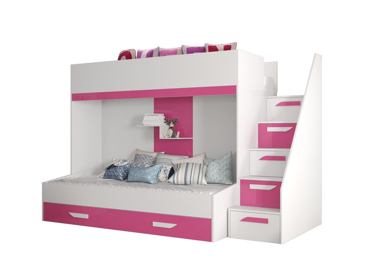 QMM TraumMöbel Hochbett Etagenbett "Paris 6" für 2 Kinder mit Schublade weiß (2 Liegeflächen) mit 2 Liegeflächen