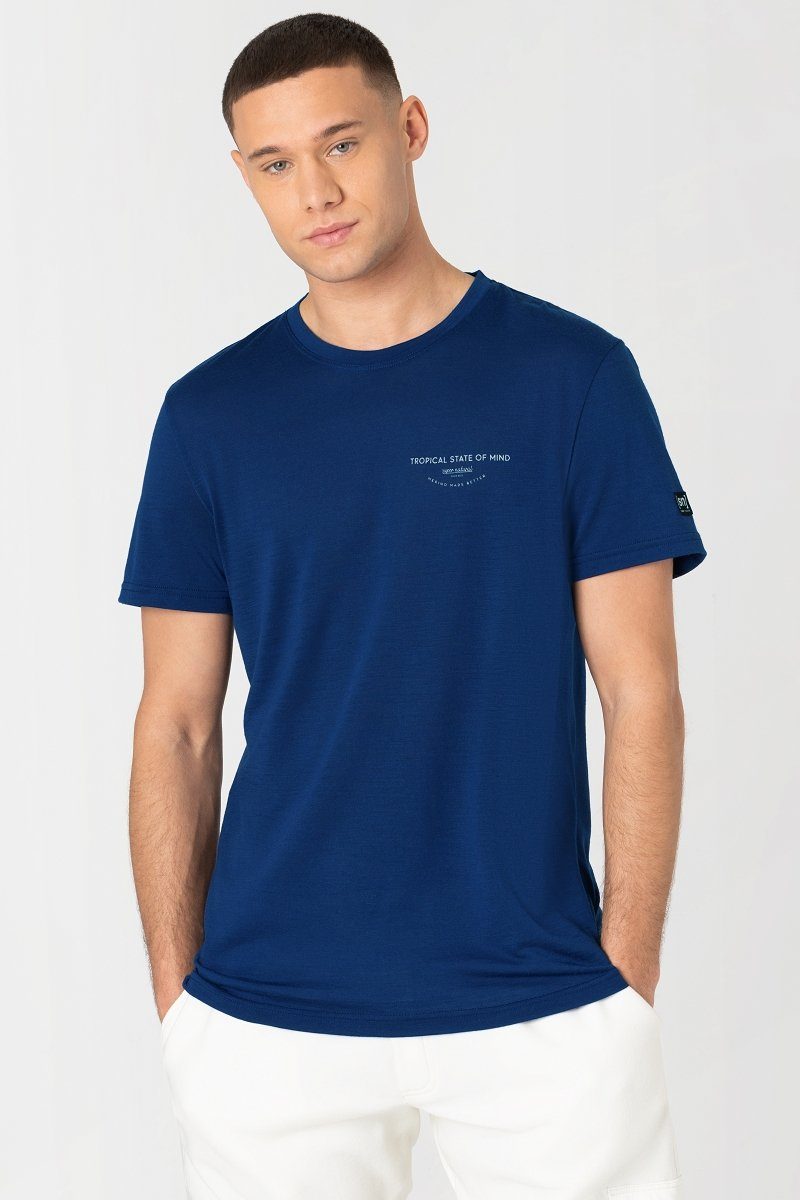 SUPER.NATURAL Print-Shirt Merino T-Shirt M PALM T(R)EE funktioneller Merino-Materialmix Blue Depths/Feather Grey